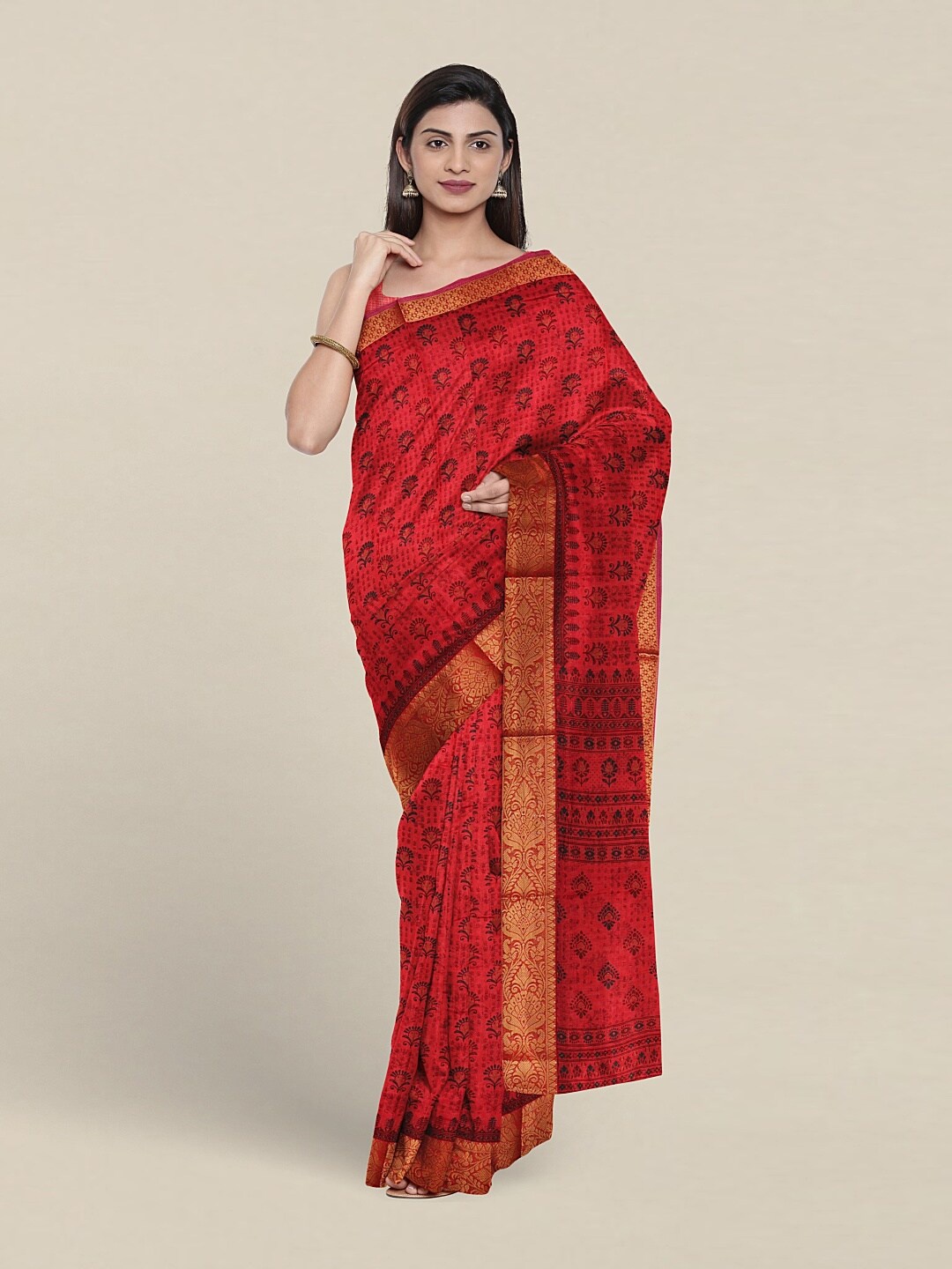 

Pothys Ethnic Motifs Printed Zari Pure Cotton Saree, Red