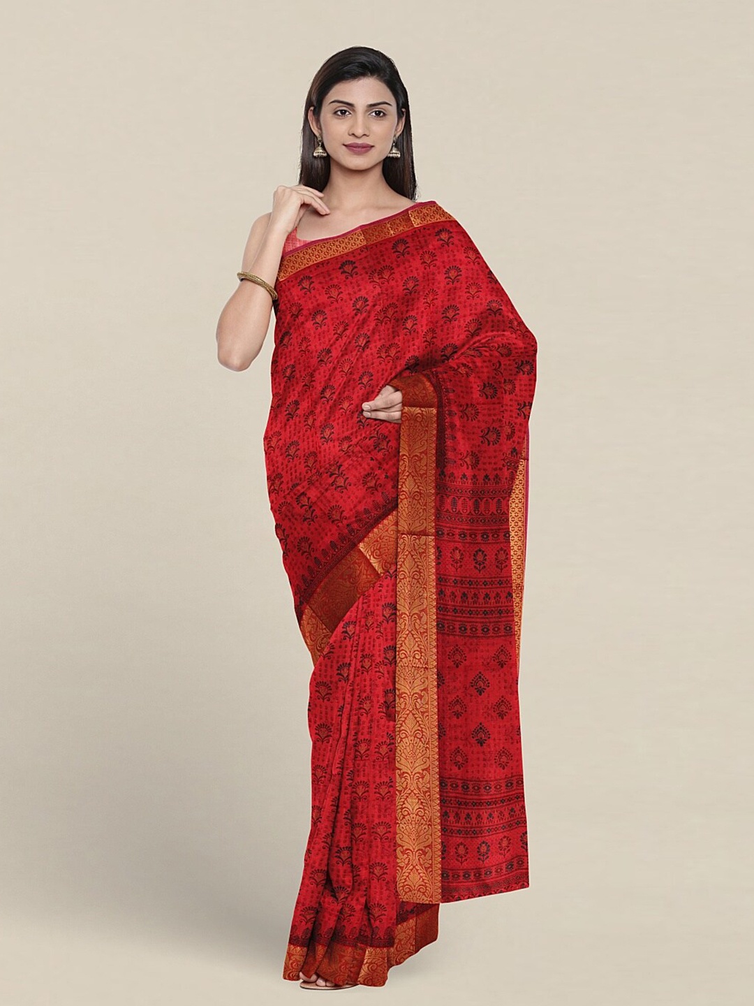 

Pothys Ethnic Motifs Printed Zari Pure Cotton Saree, Red