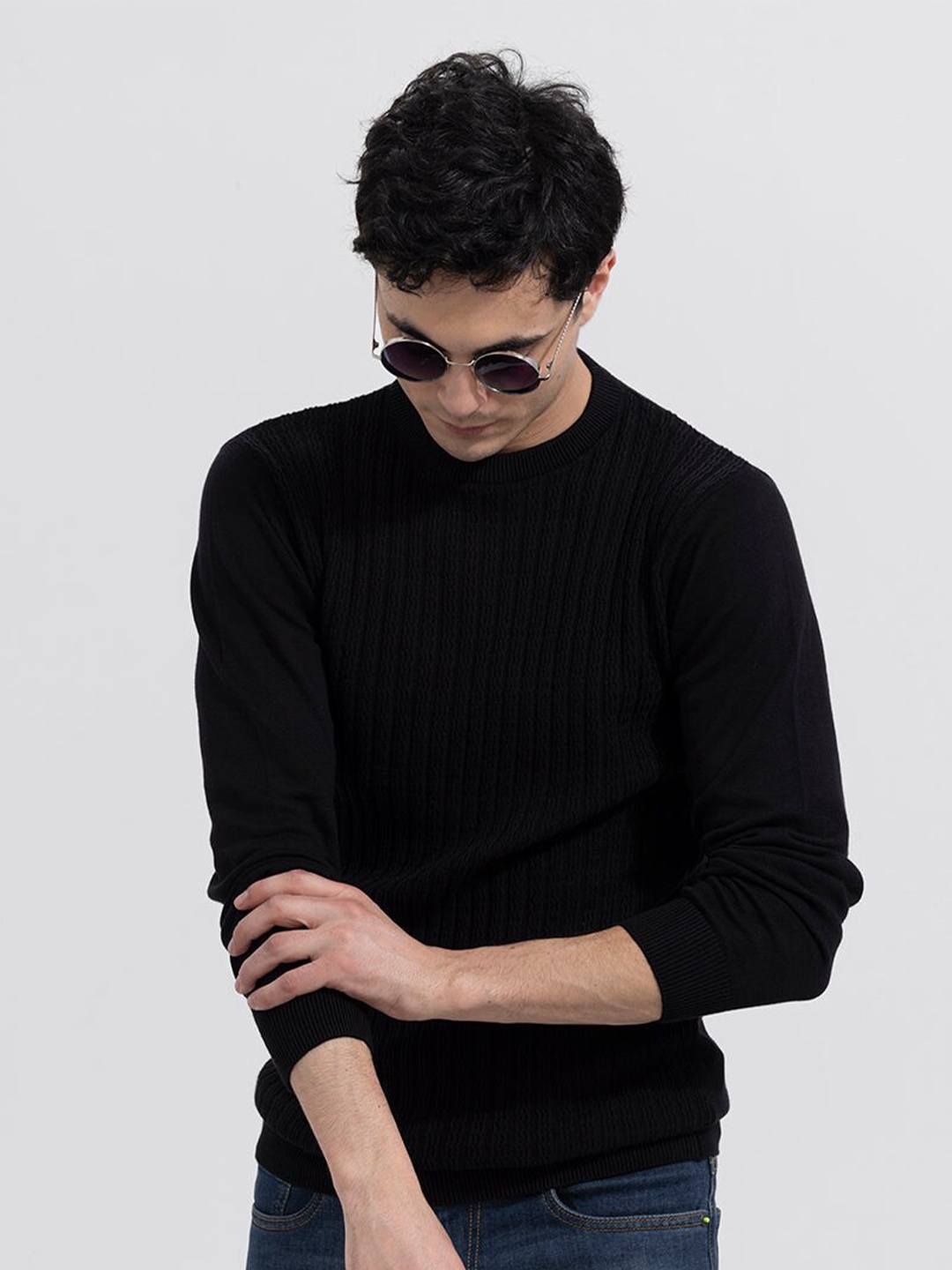

Snitch Black Self Design Cotton Pullover