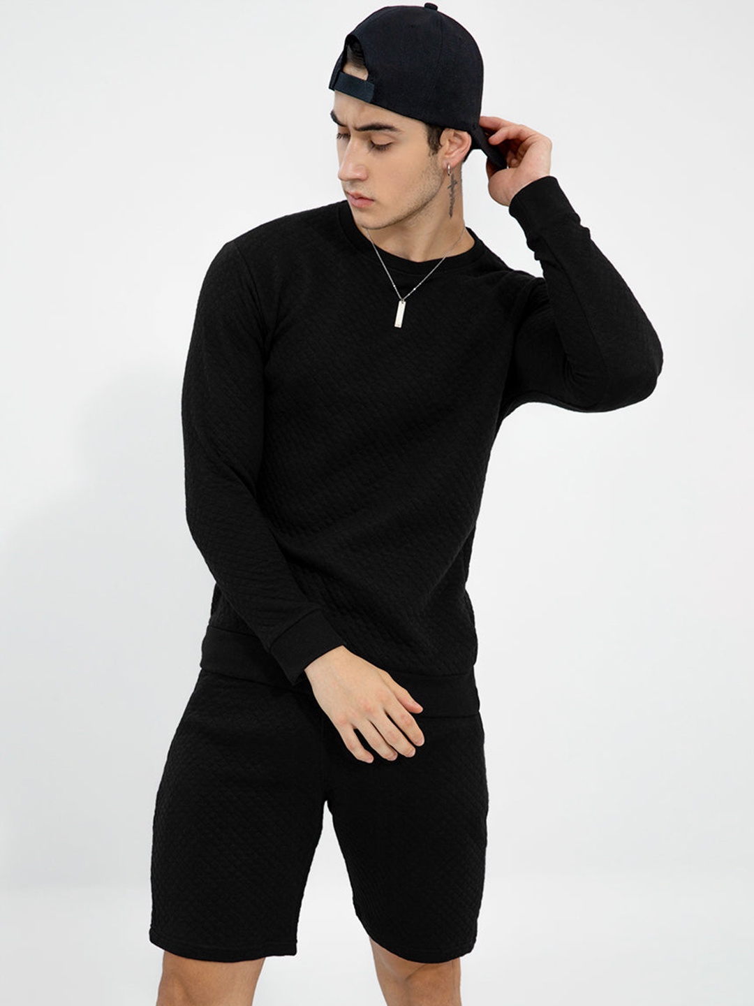 

Snitch Black Self Design Pure Cotton Sweatshirt & Shorts