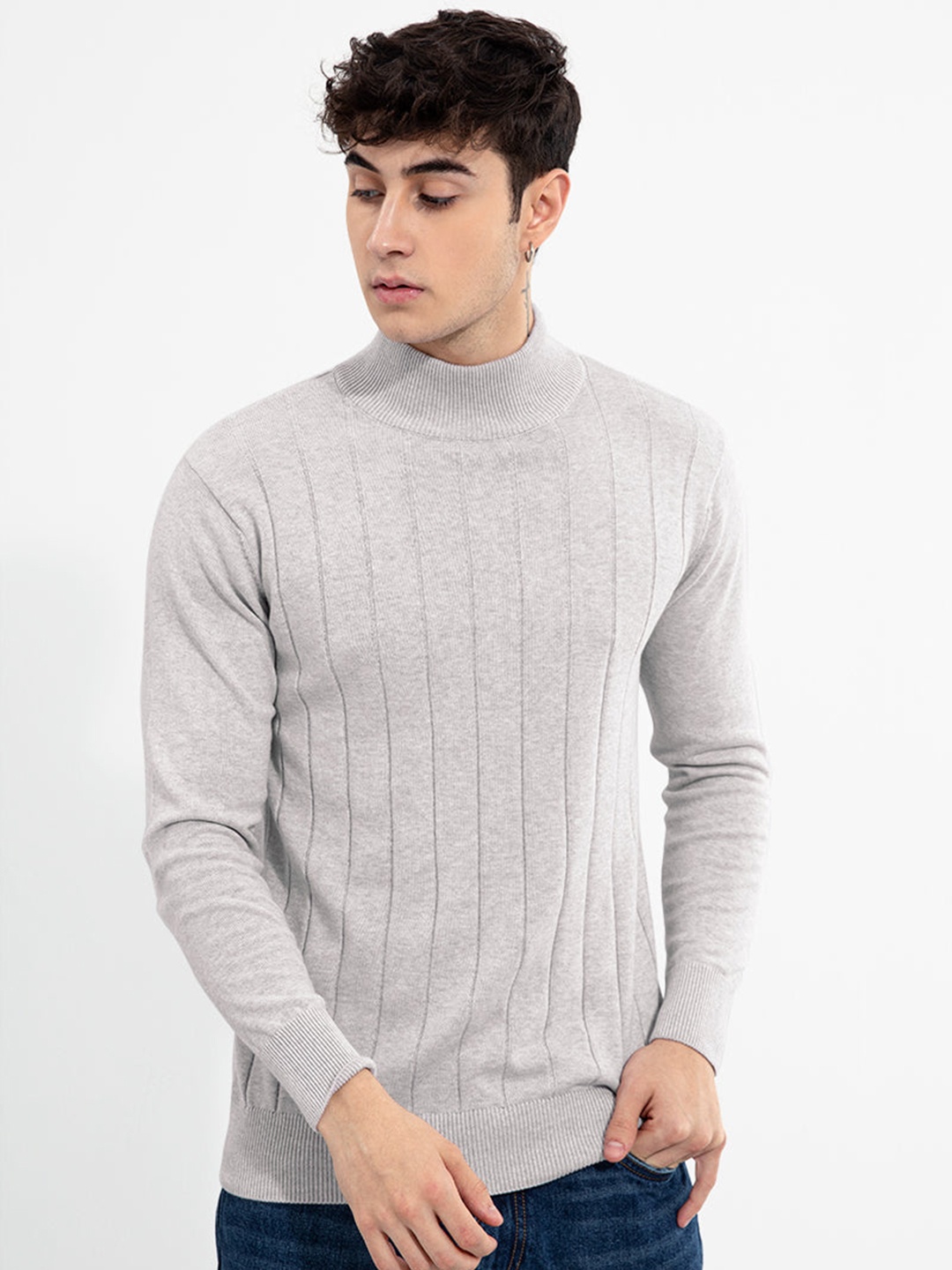 

Snitch Striped Turtle Neck Pullover Cotton Sweater, Grey