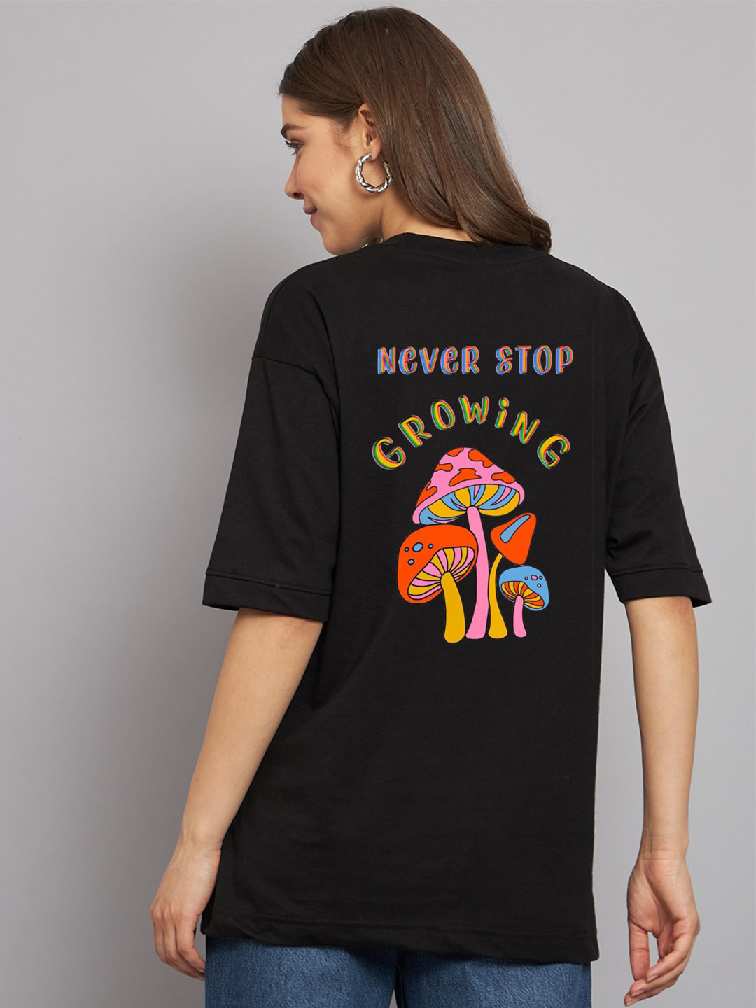 

Imsa Moda Typography Printed Drop Shoulder Sleeves Oversized Cotton T-shirt, Black