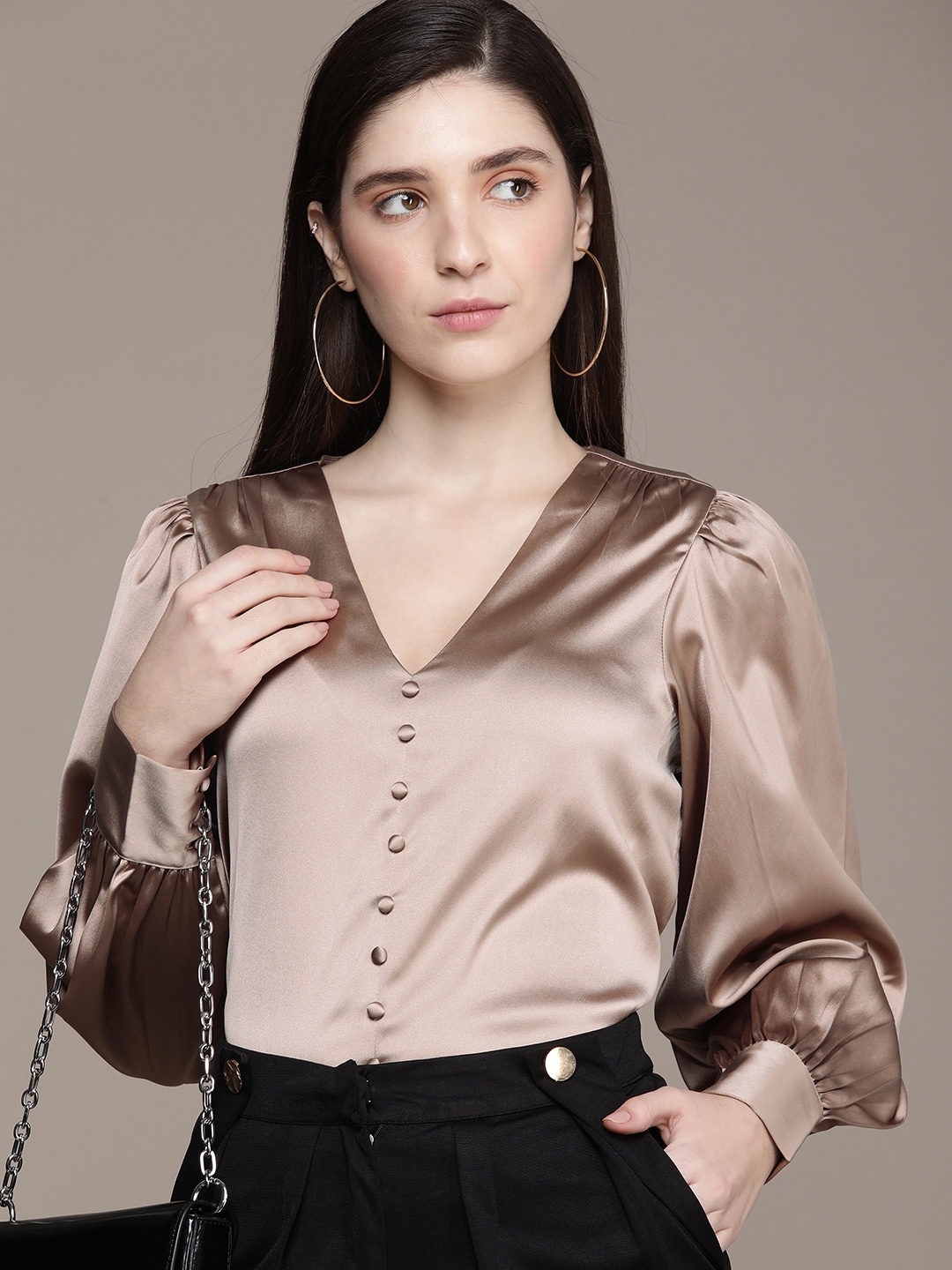 

French Connection Bishop Sleeves Shirt Style Top, Taupe