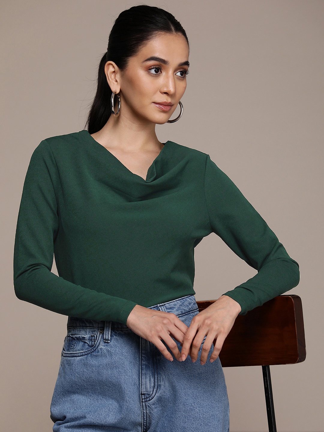 

French Connection Solid Cowl Neck Long Sleeves Top, Green