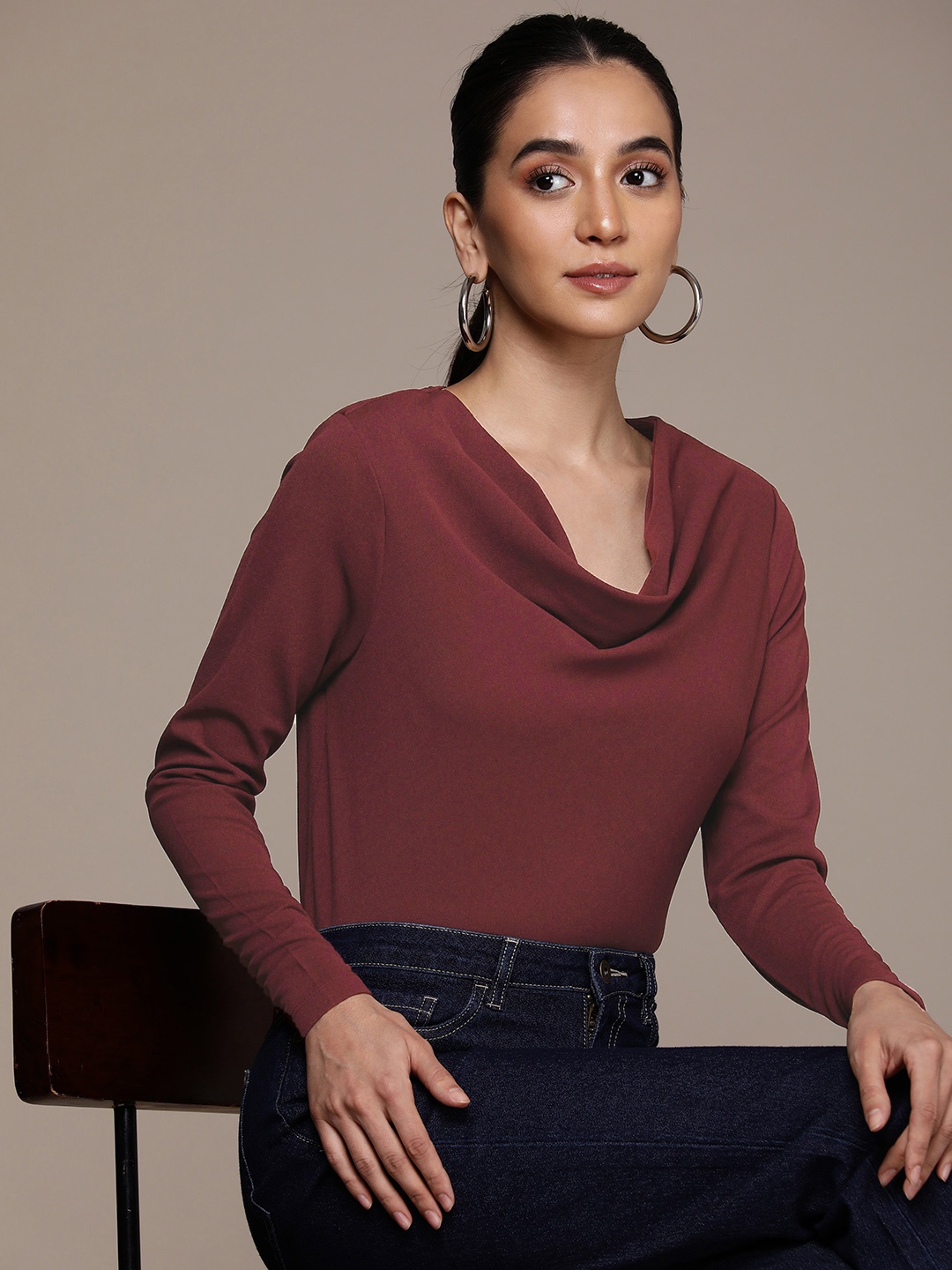 

French Connection Solid Cowl Neck Long Sleeves Top, Maroon