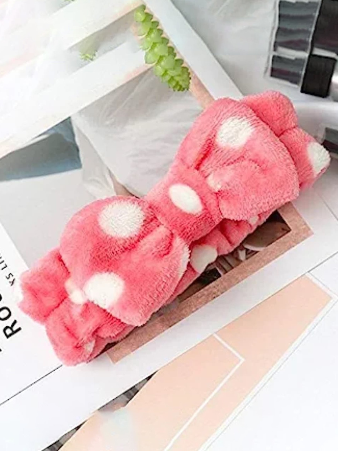 

FEELHIGH Polka Dots Printed Bow Detail Velvet Hairband, Pink