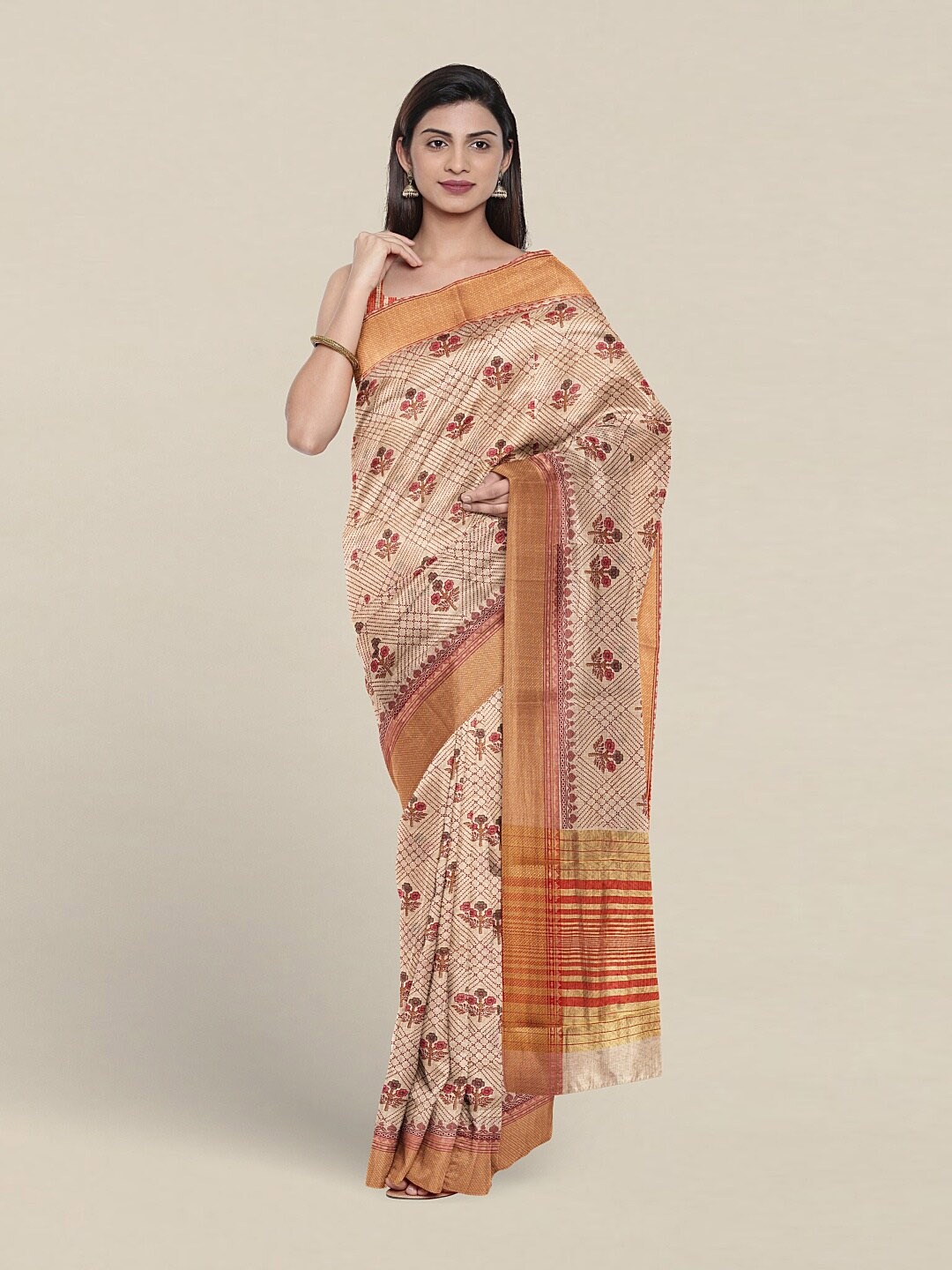 

Pothys Floral Printed Zari Pure Cotton Saree, Cream