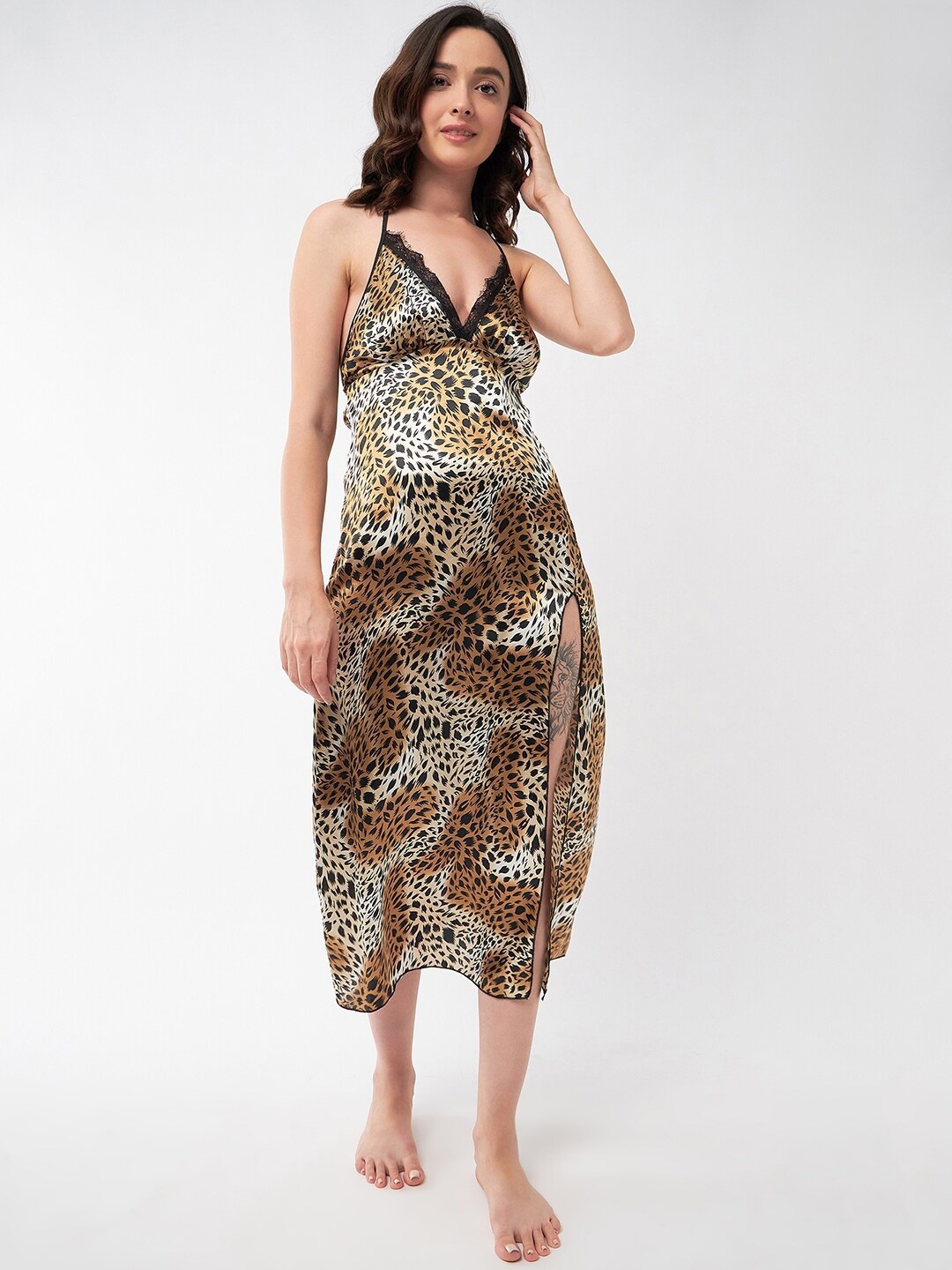 

MAGRE Black & Brown Animal Printed Halter Neck Sleeveless Satin Midi Nightdress