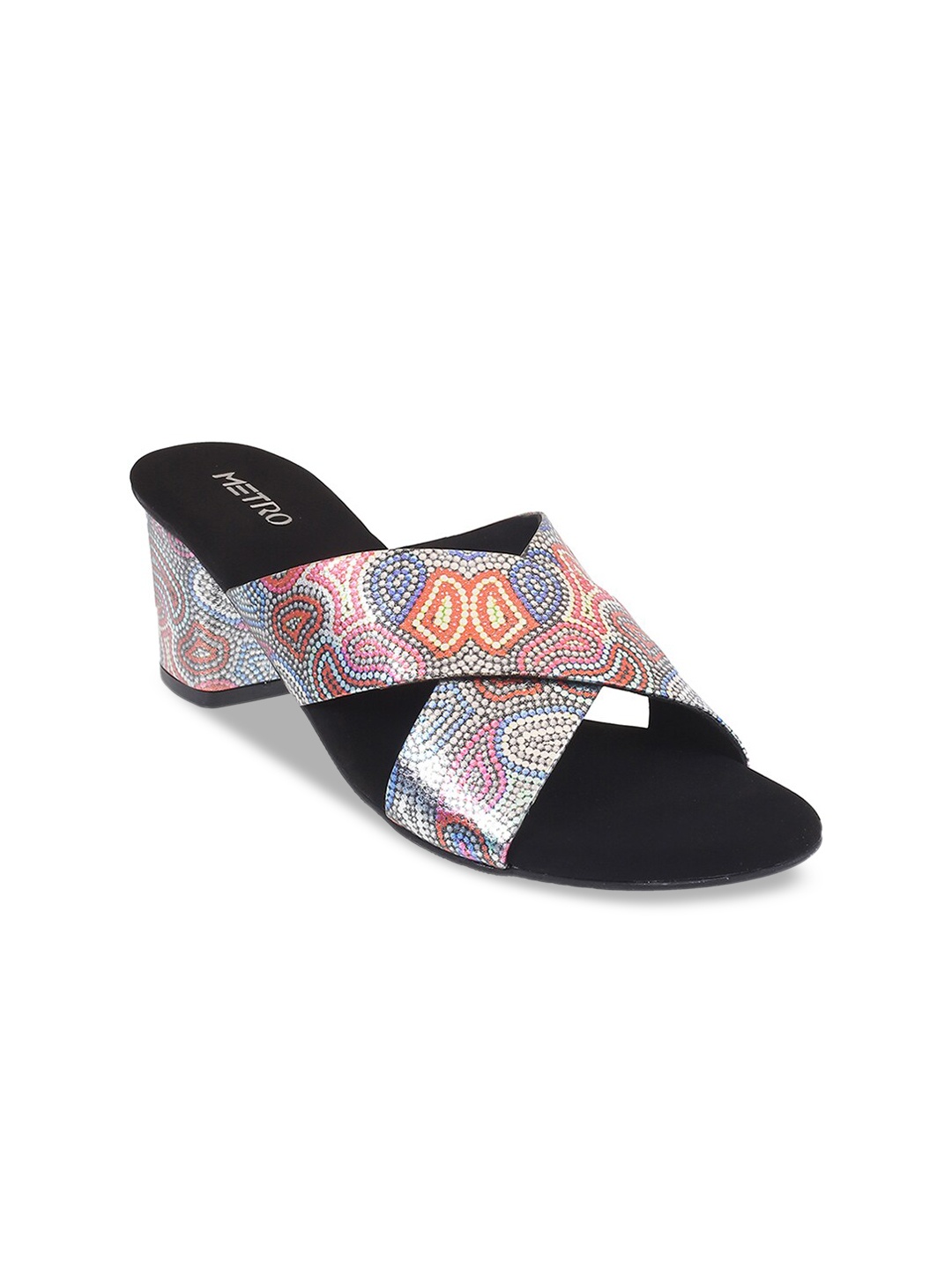 

Metro Printed Cross Strap Block Heels, Black