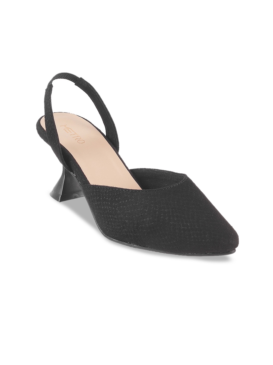 

Metro Pointed Toe Textured Block Mules With Backstrap, Black