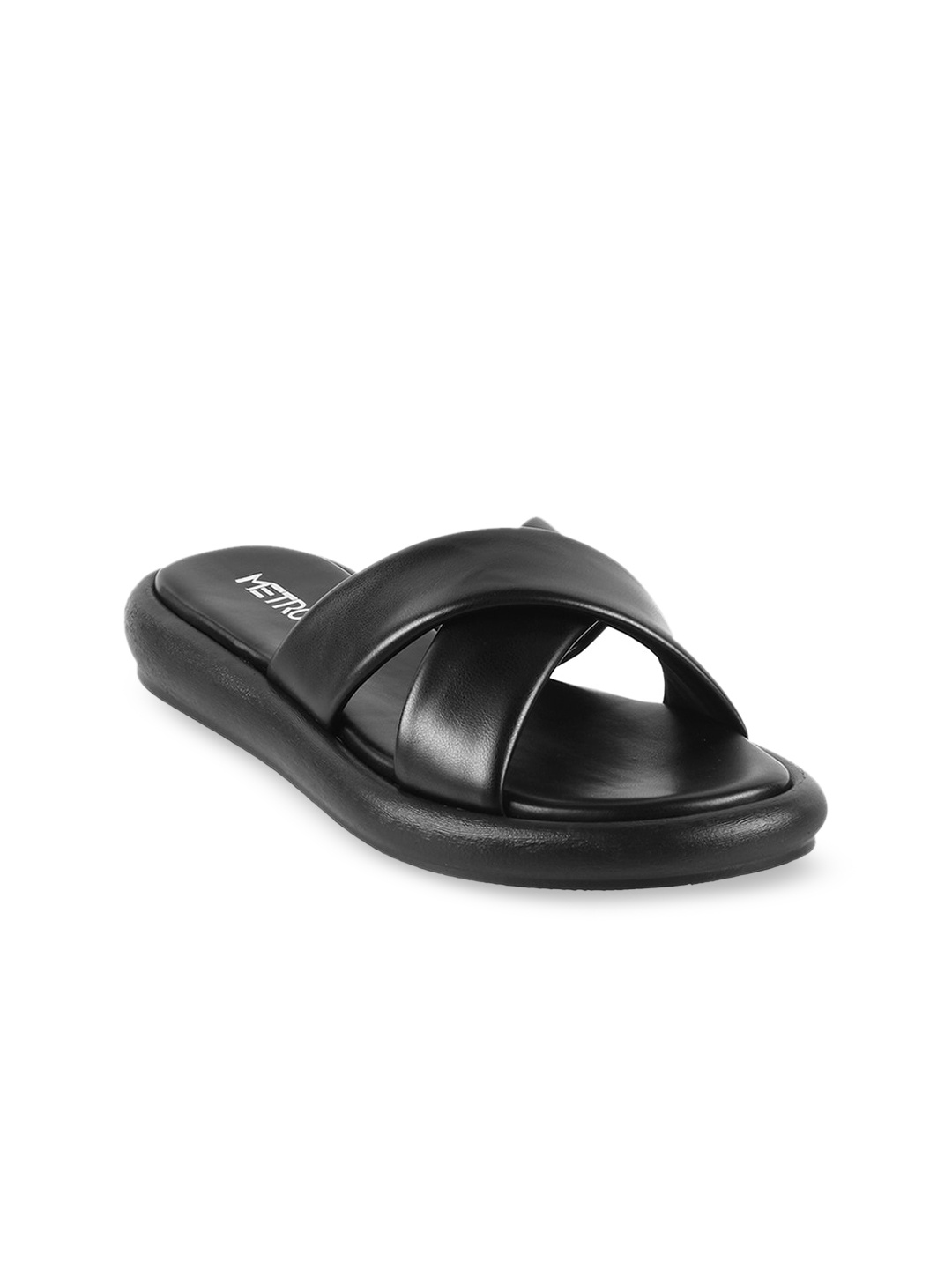 

Metro Cross Strap Open Toe Flats, Black