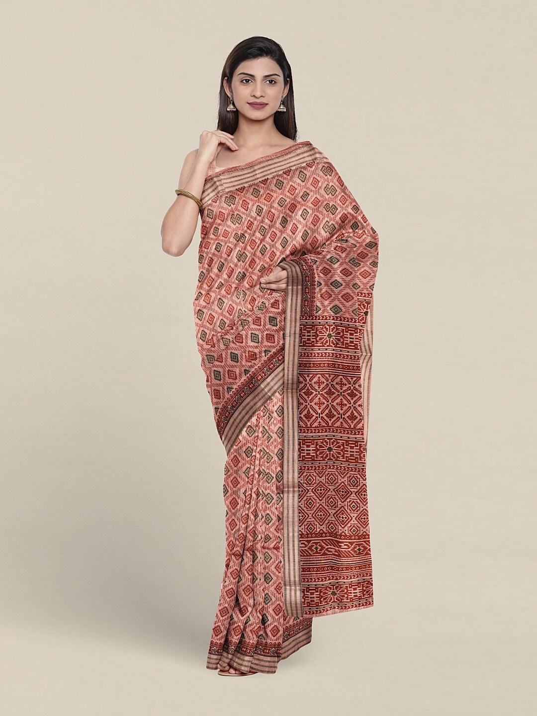 

Pothys Geometric Printed Pure Cotton Saree, Peach