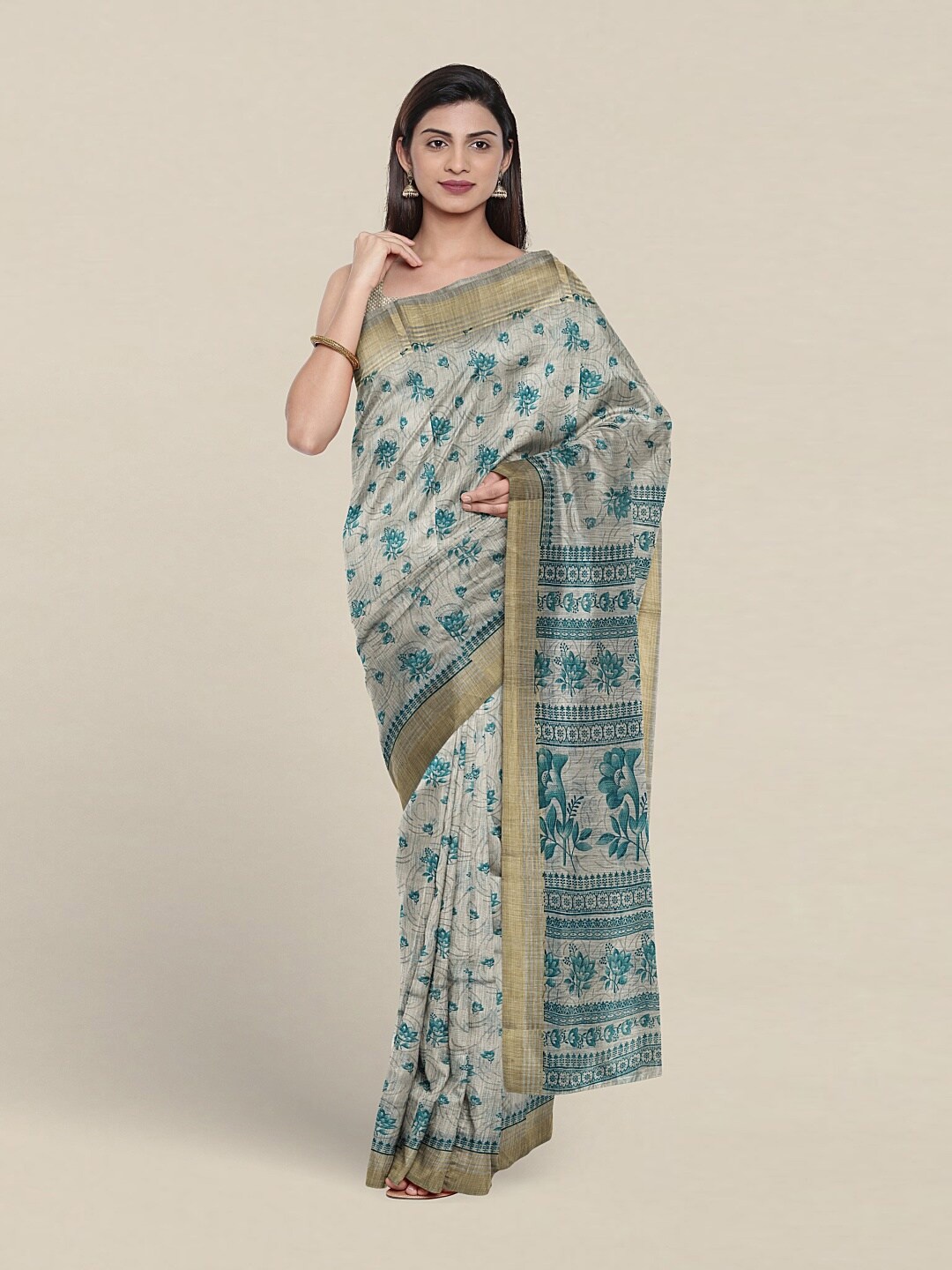 

Pothys Floral Printed Zari Pure Cotton Saree, Grey