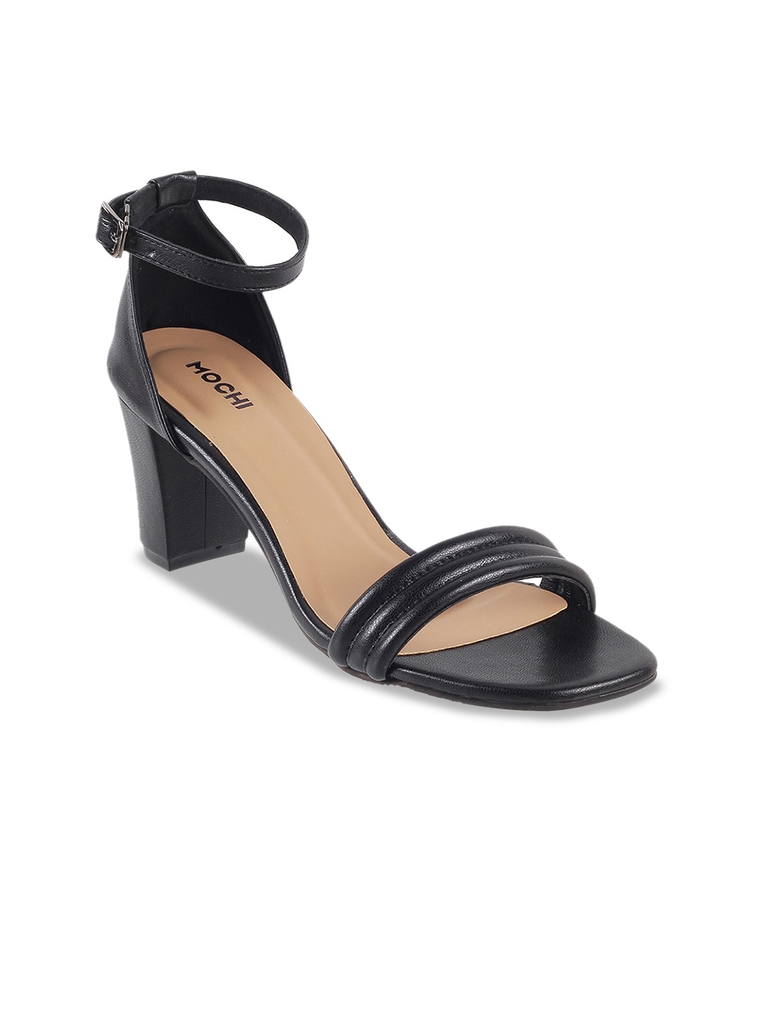 

Mochi Textured Open Toe Block Heels With Ankle Loop, Black