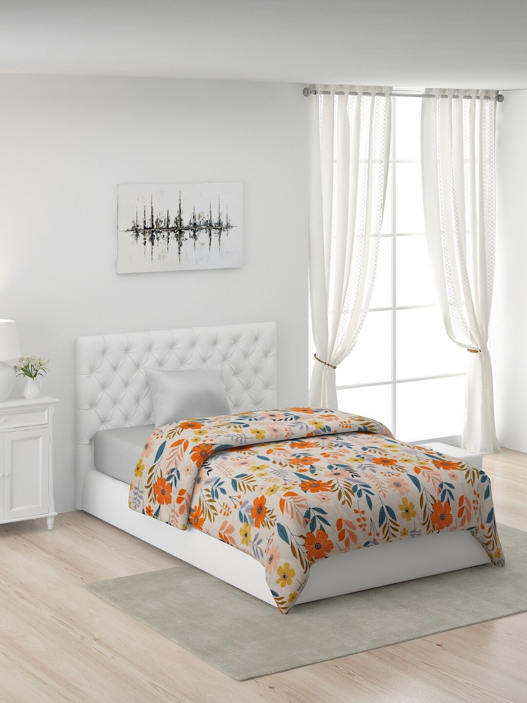 

Nivasam Cream-Coloured & Orange Floral AC Room 120 GSM Single Bed Comforter