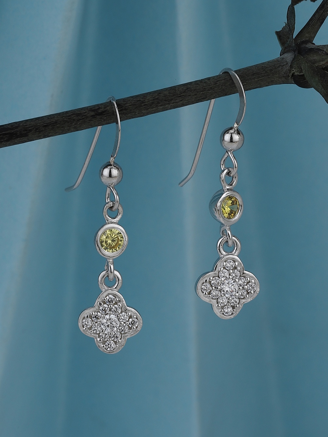 

Carlton London Silver Toned Rhodium Plated Drop Earrings with Four Clover & CZ