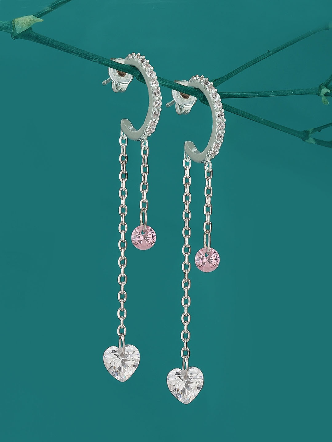 

Carlton London Silver Toned Rhodium Plated Half Hoop Earrings with Dangling CZ