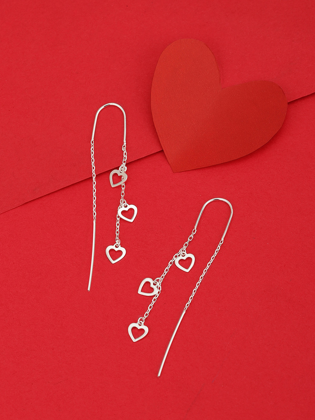

Carlton London Silver Toned Rhodium Plated Minimal Threader Earrings with Hearts