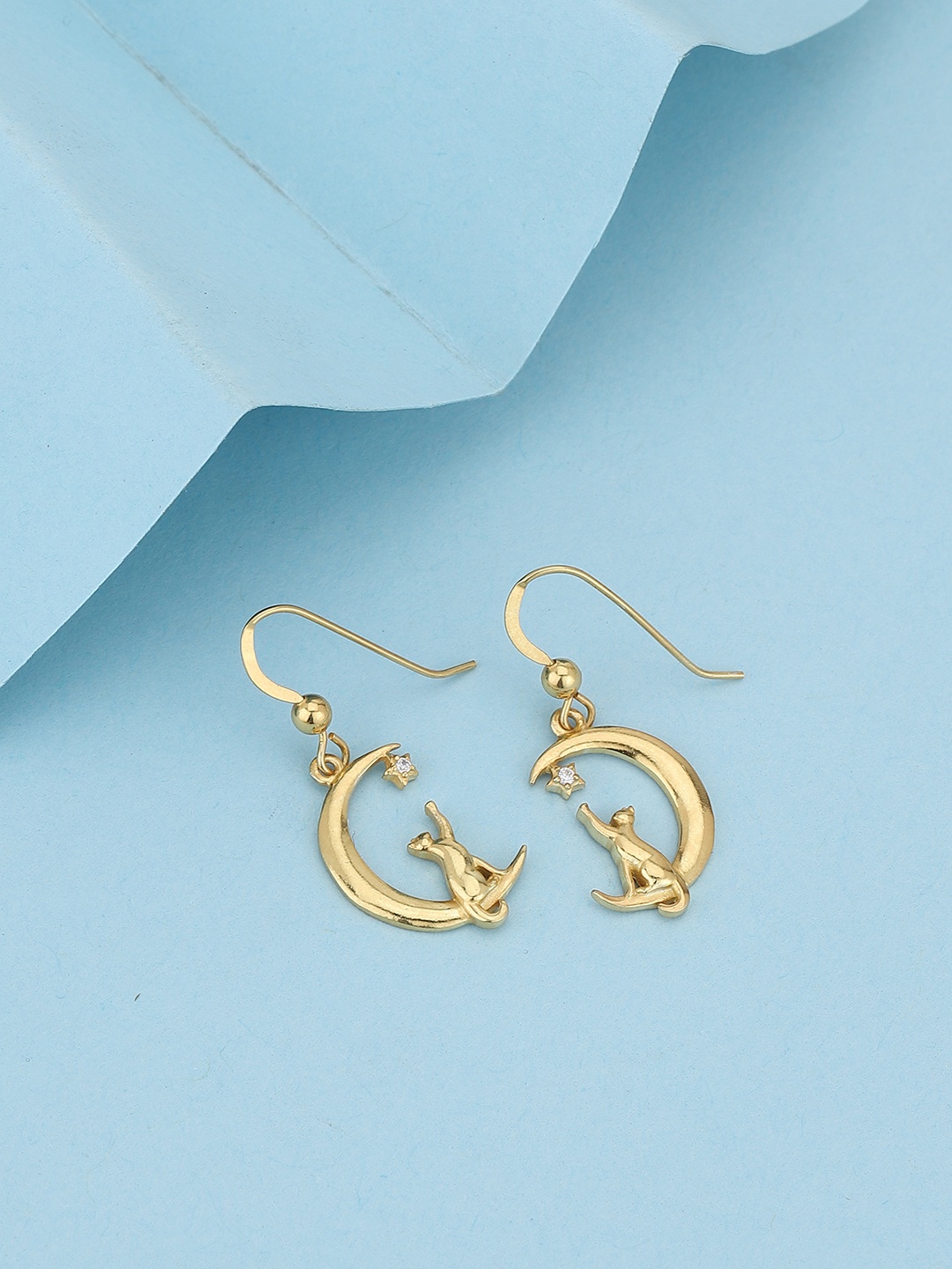 

Carlton London 18Kt Gold Plated Classic Earrings with Cat on Crescent Moon