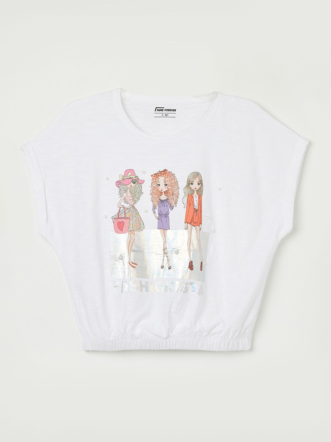 

Fame Forever by Lifestyle Girls Graphic Printed Extended Sleeves Pure Cotton T-shirt, White