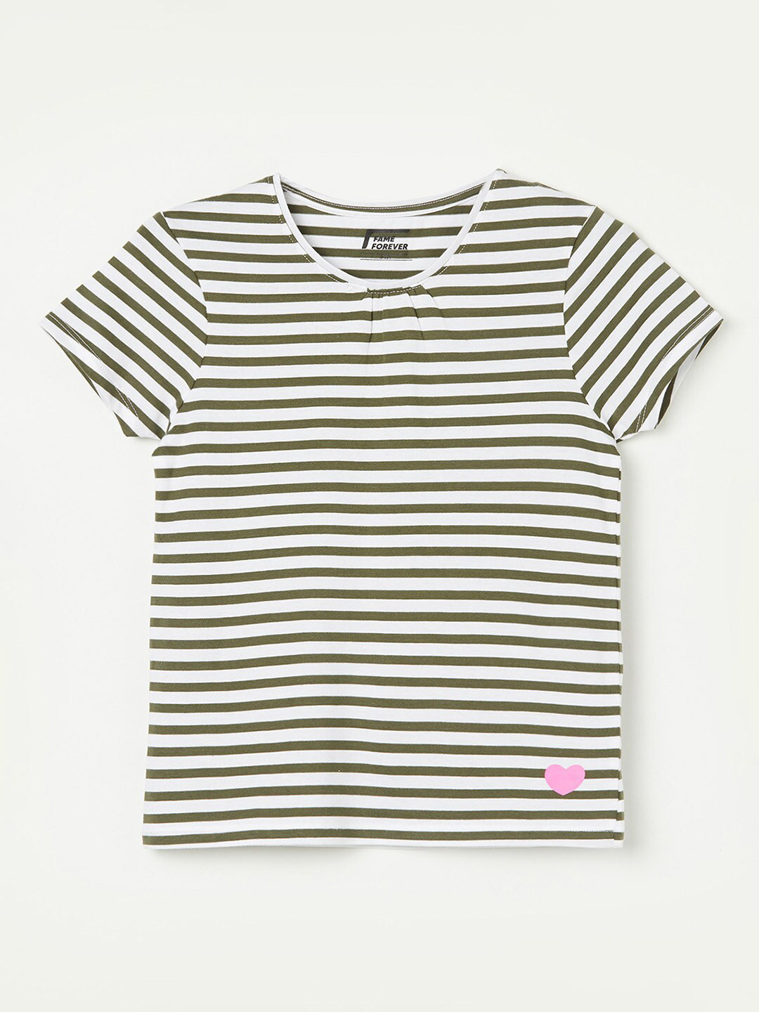 

Fame Forever by Lifestyle Girls Striped Round Neck Cotton T-Shirt, Olive