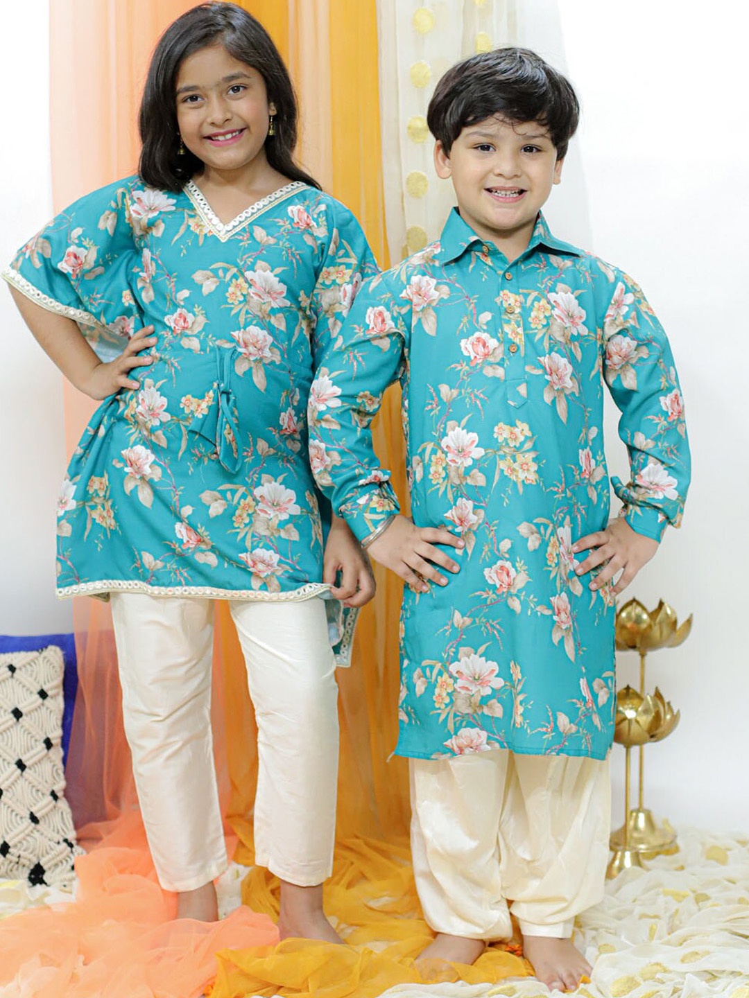 

VASTRAMAY Boys Floral Printed Shirt Collar Kurta With Patiala, Turquoise blue