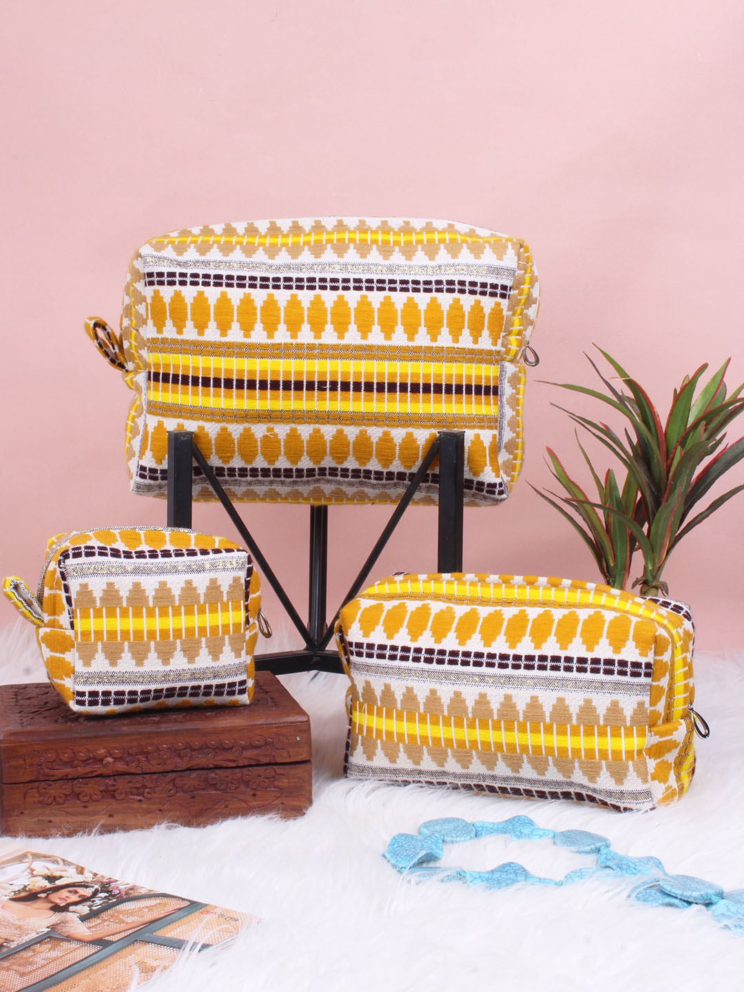 

STITCHNEST Set Of 3 Printed Acrylic Travel Pouch, Yellow