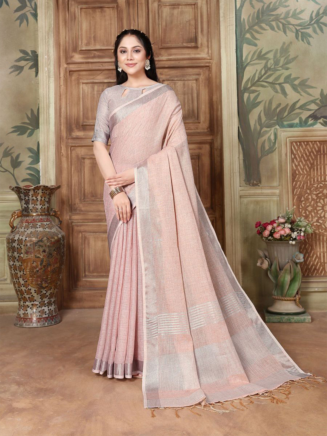 

Dori Striped Woven Design Zari Pure Linen Saree, Pink