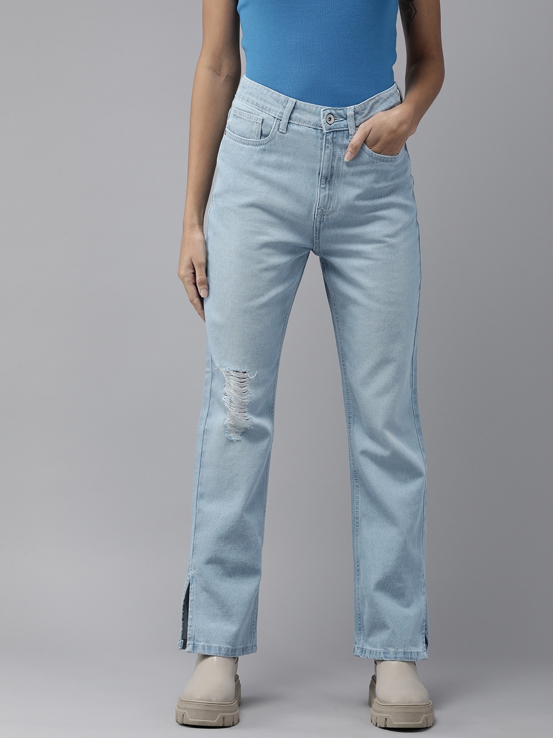 

Roadster Women Straight Fit High-Rise Highly Distressed Jeans, Blue