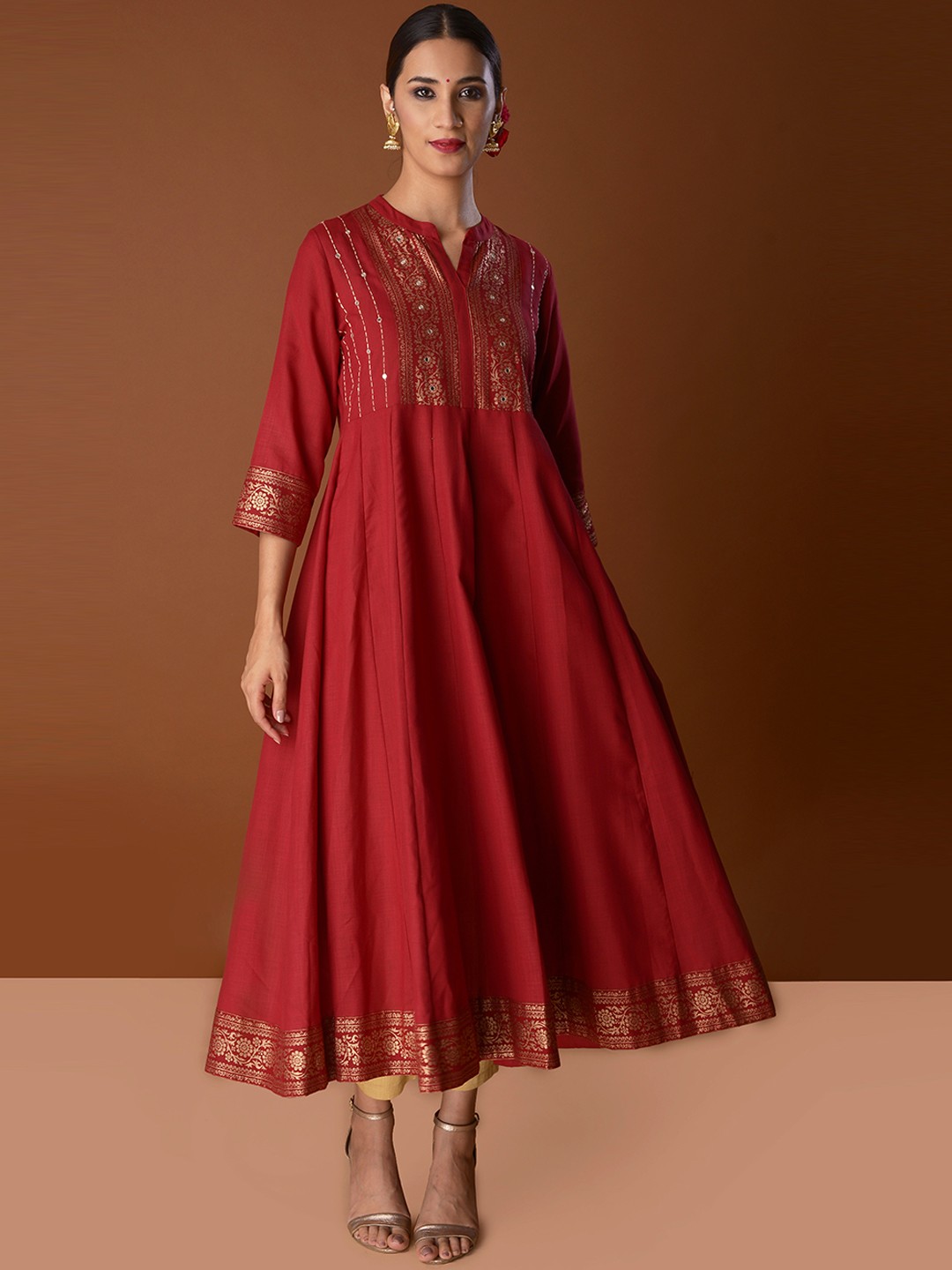 

PINKSKY Yoke Design Foil Printed Anarkali Kurta, Red