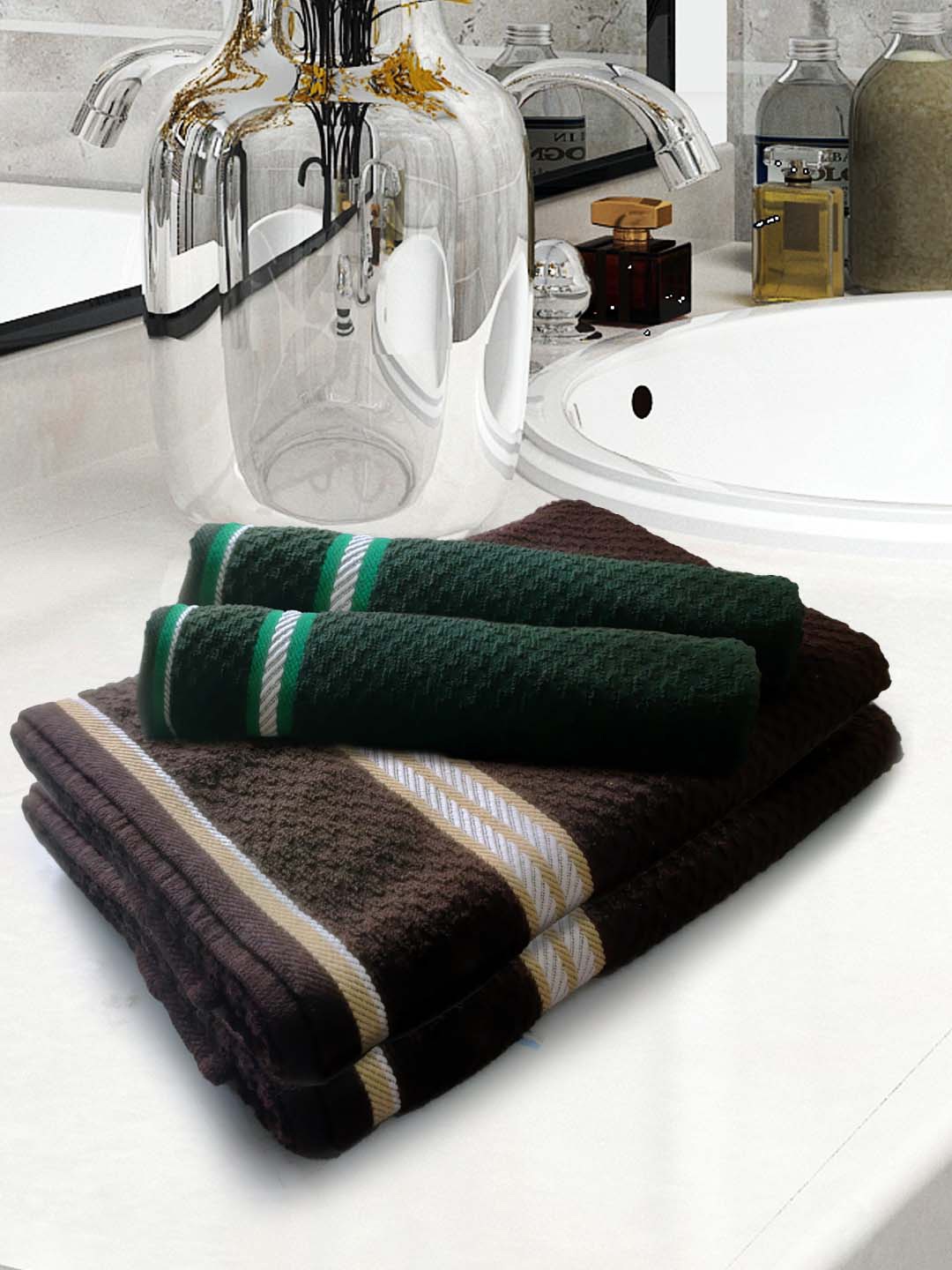 Athom Trendz Brown & Green 4 Pieces Popcorn Texture Cotton Bath Towel & Hand Towel