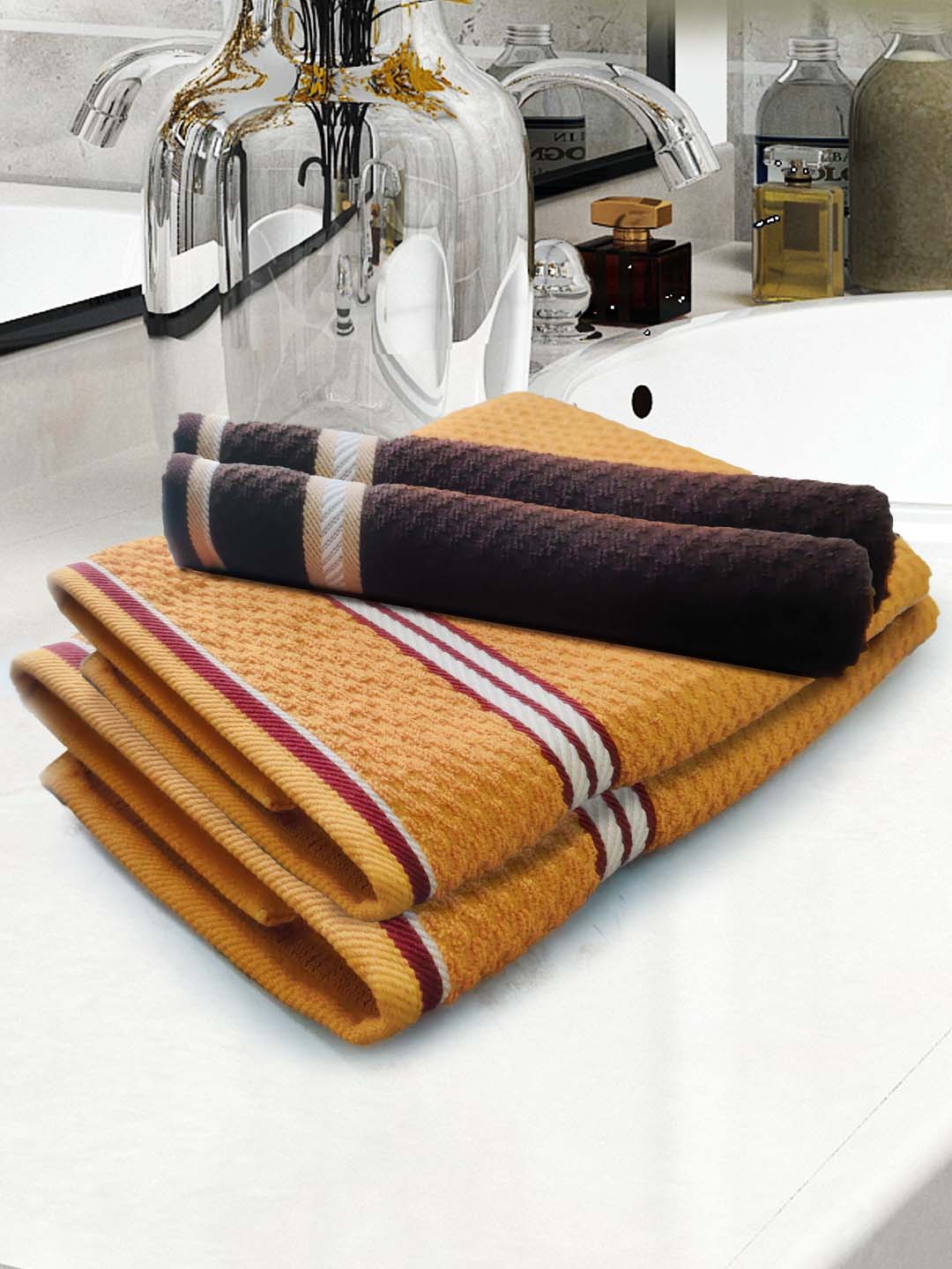 Athom Trendz Brown & Yellow 4-Pcs Pure Cotton 400 GSM Towel Set