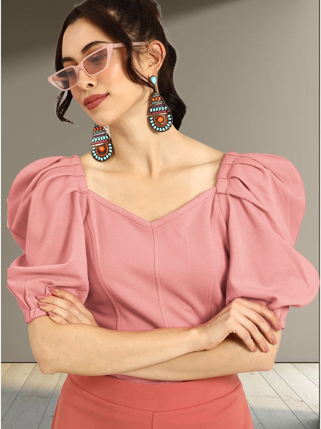 

N N ENTERPRISE Sweetheart Neck Puff Sleeves Regular Top, Peach