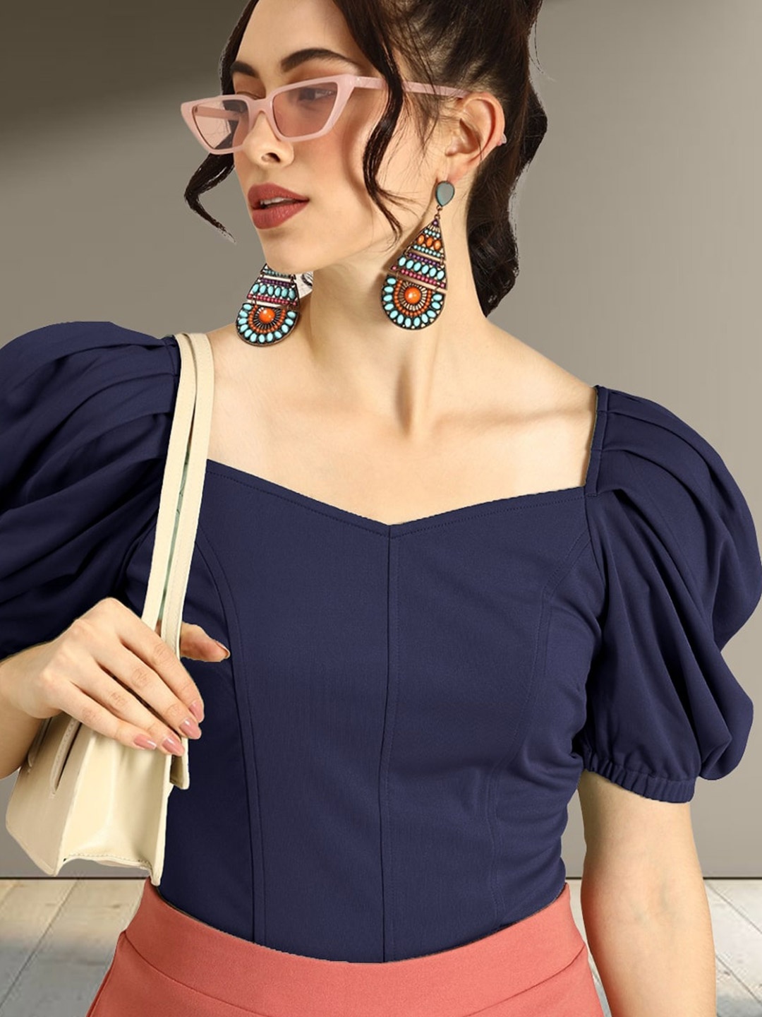 

N N ENTERPRISE Sweetheart Neck Puff Sleeves Regular Top, Navy blue