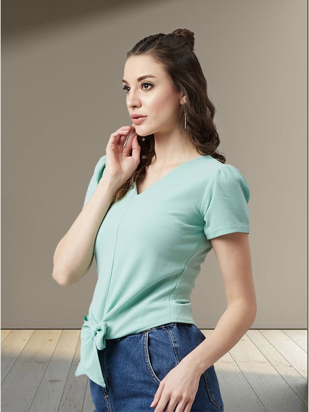 

N N ENTERPRISE V-Neck Puff Sleeves Top With Waist Tie-Ups, Sea green