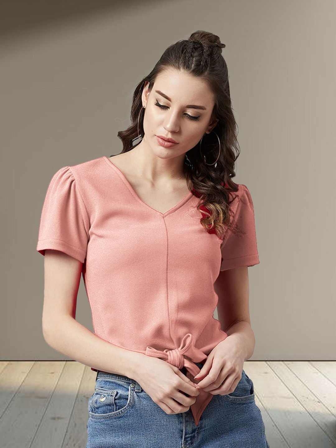 

N N ENTERPRISE V-Neck Puff Sleeves Top With Waist Tie-Ups, Peach