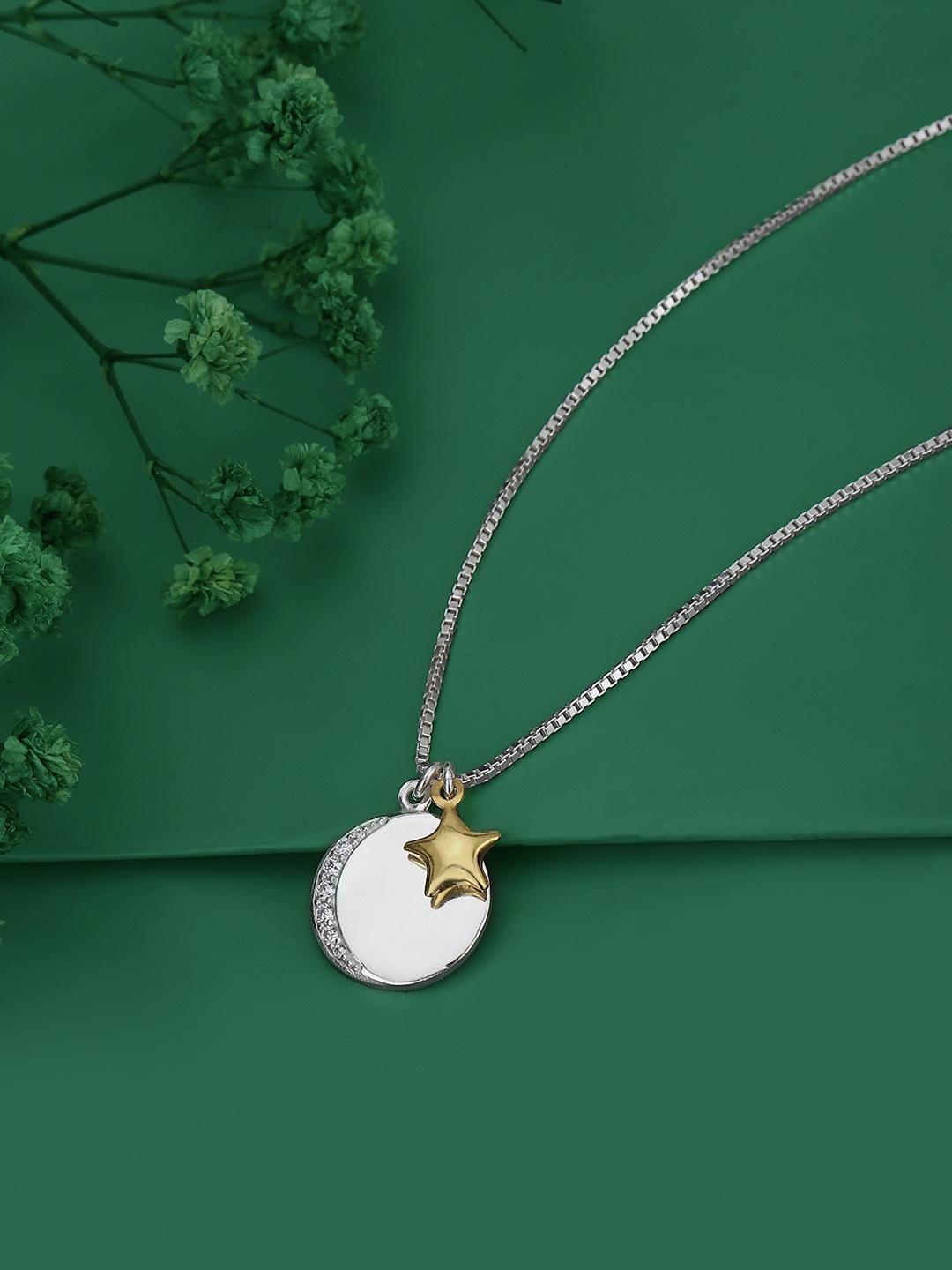 

Carlton London Silver Toned Rhodium Plated Crescent Pendant with Gold Star & Chain
