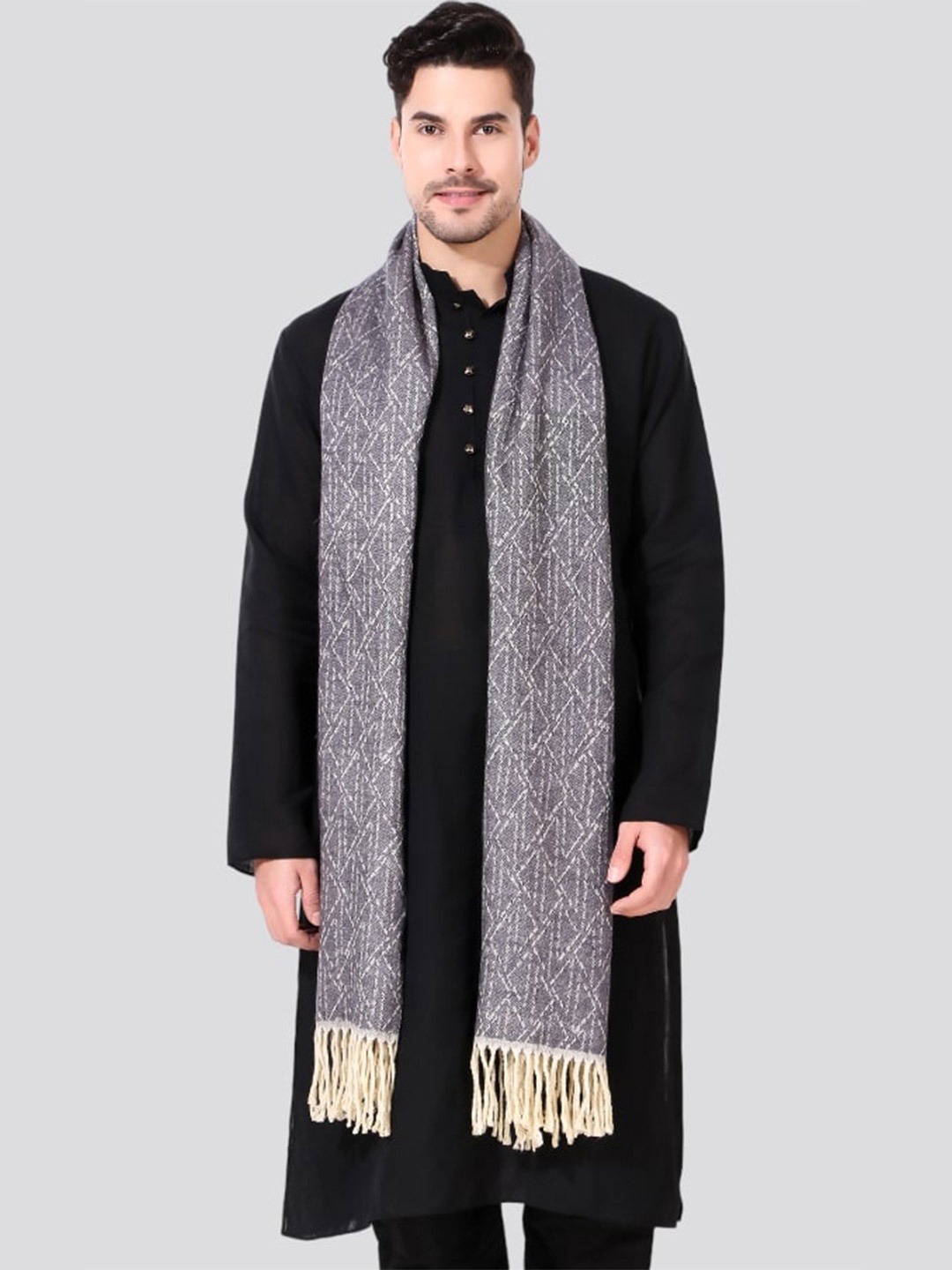 

YARNSMITH Unisex Geometrcial Woven Design Fringed Stole, Grey