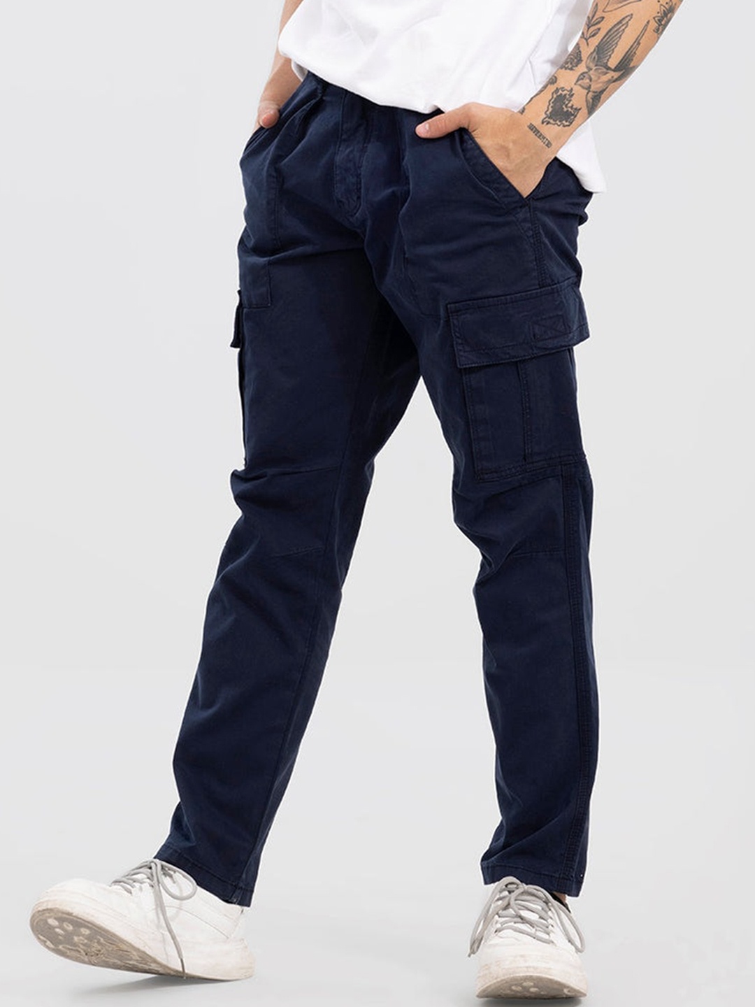 

Snitch Men Navy Blue Smart Tapered Fit Cotton Cargos Trousers