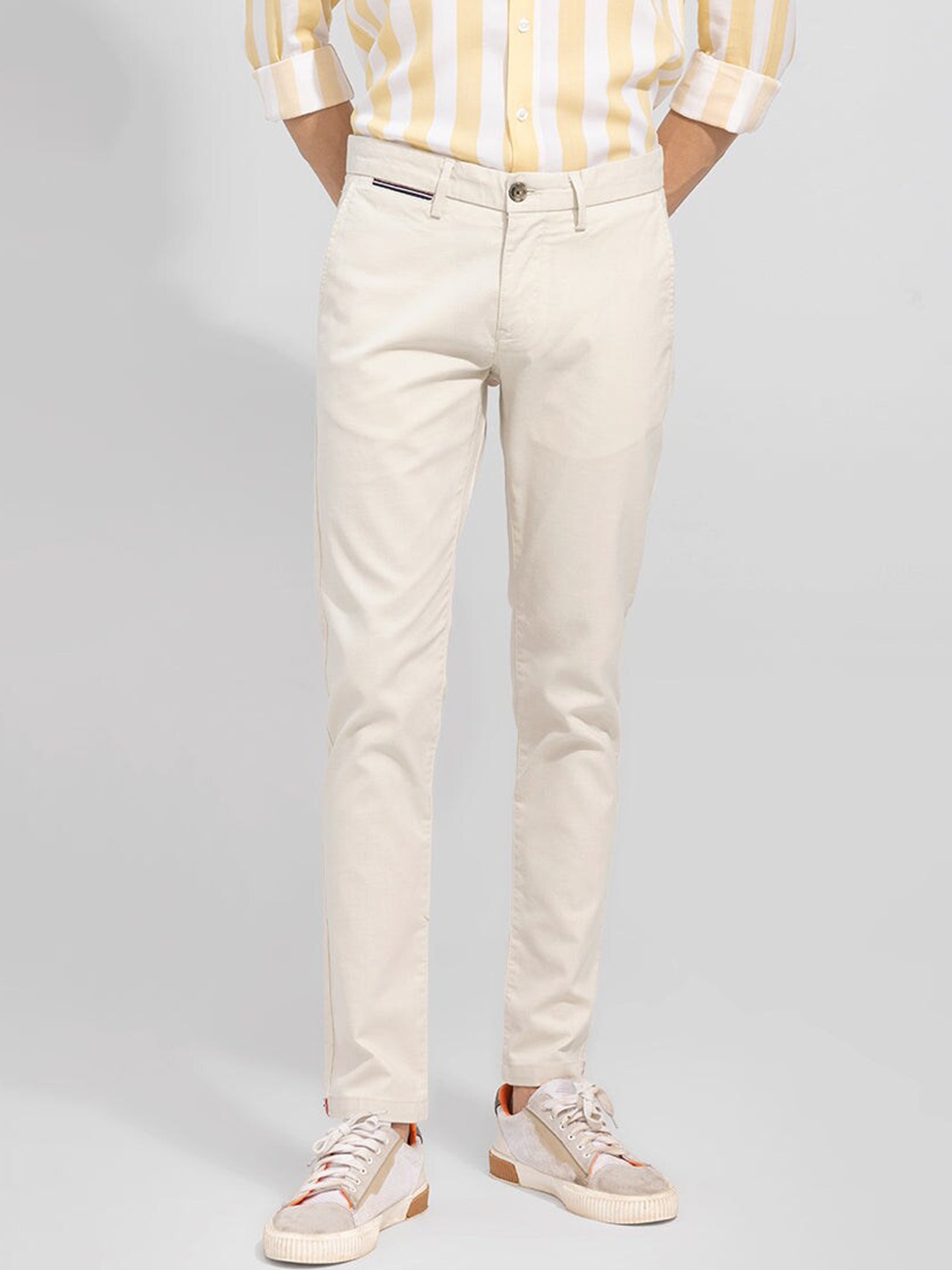 

Snitch Men Smart Skinny Fit Chinos Cotton Trousers, Cream