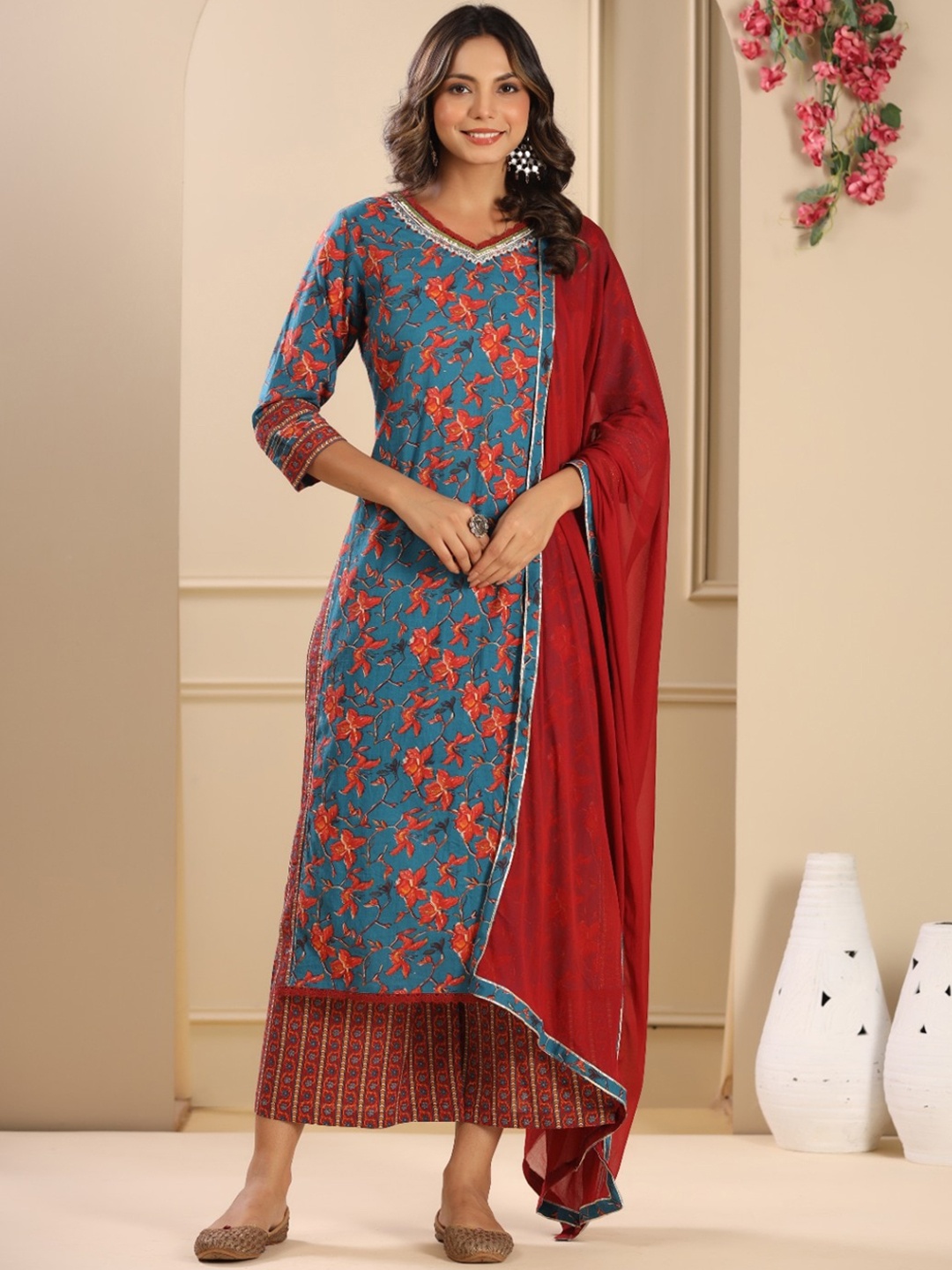 

INDYES Floral Printed V-Neck Thread Work Pure Cotton Kurta With Palazzos & Dupatta, Blue