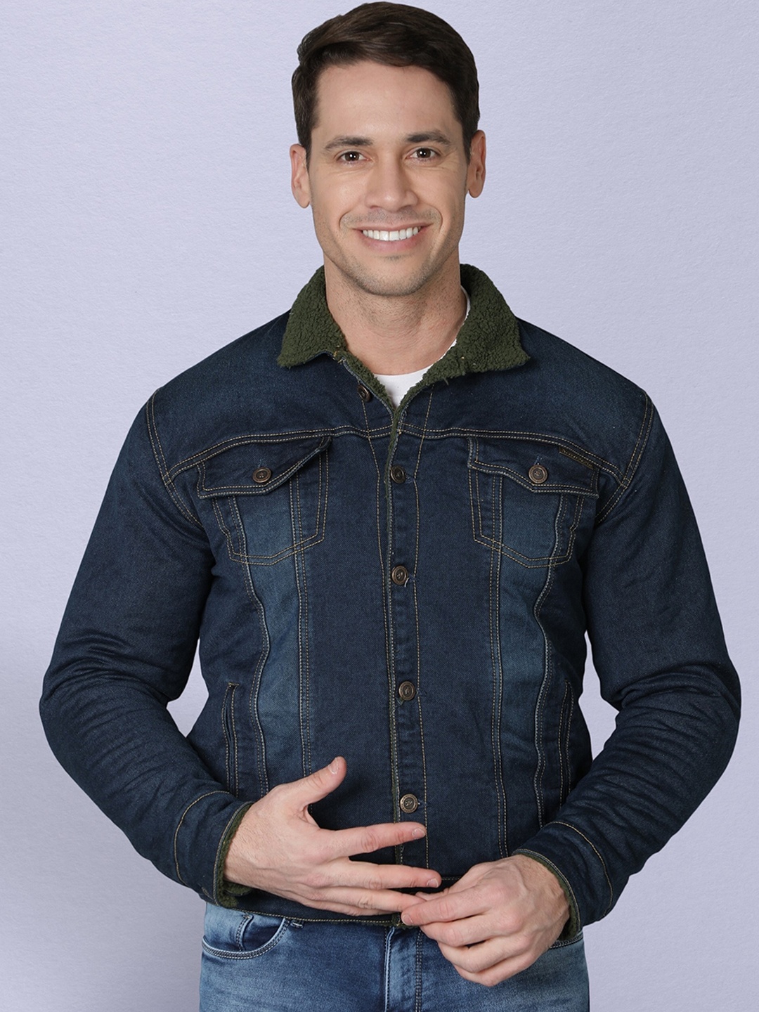 

NUEVOSDAMAS Denim Washed Solid Spread Collar Regular Length Jacket, Blue