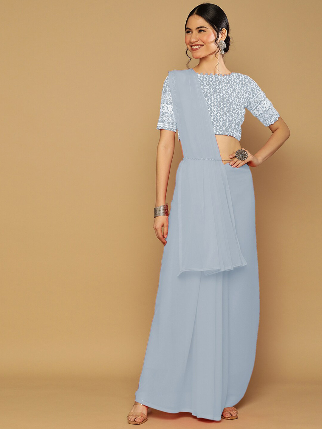 

Mitera Poly Georgette Saree With Embroidered Blouse, Grey