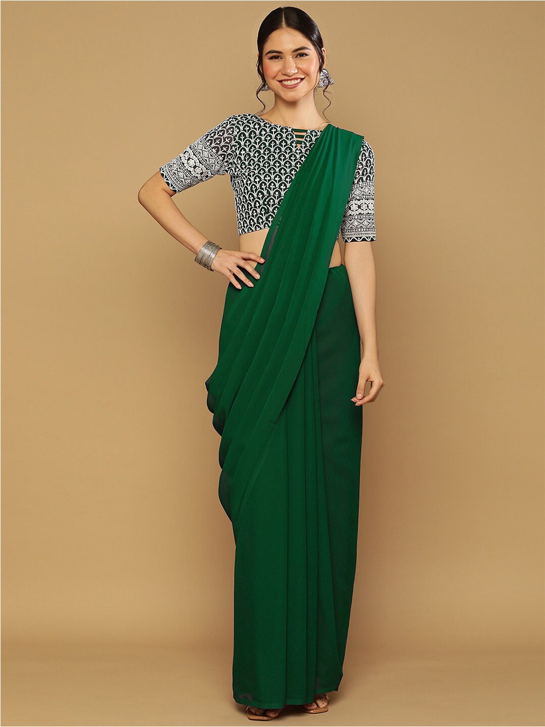 

Mitera Poly Georgette Saree With Embroidered Blouse, Green