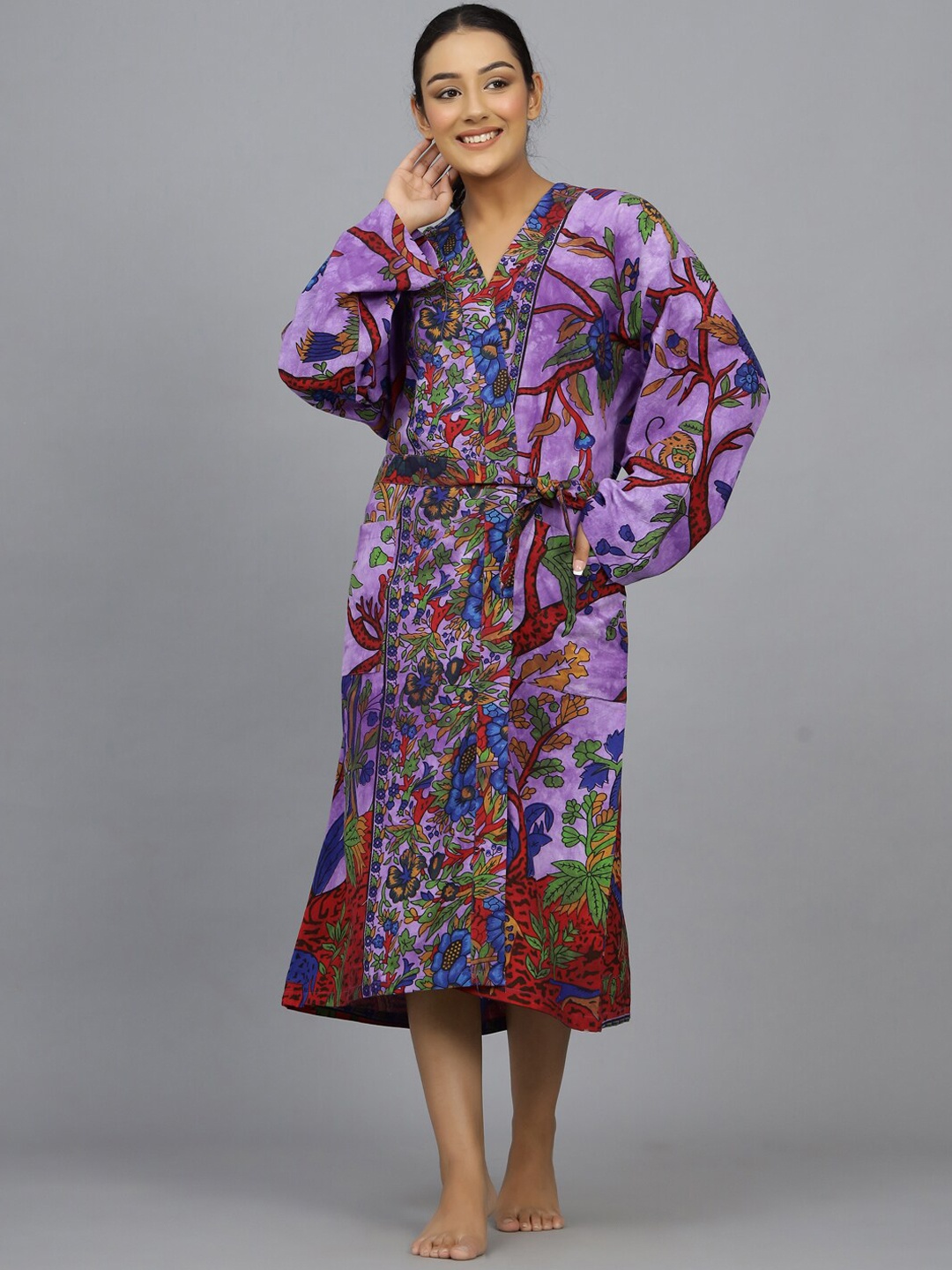 

HANDICRAFT PALACE Printed Pure Cotton Bath Robe, Purple