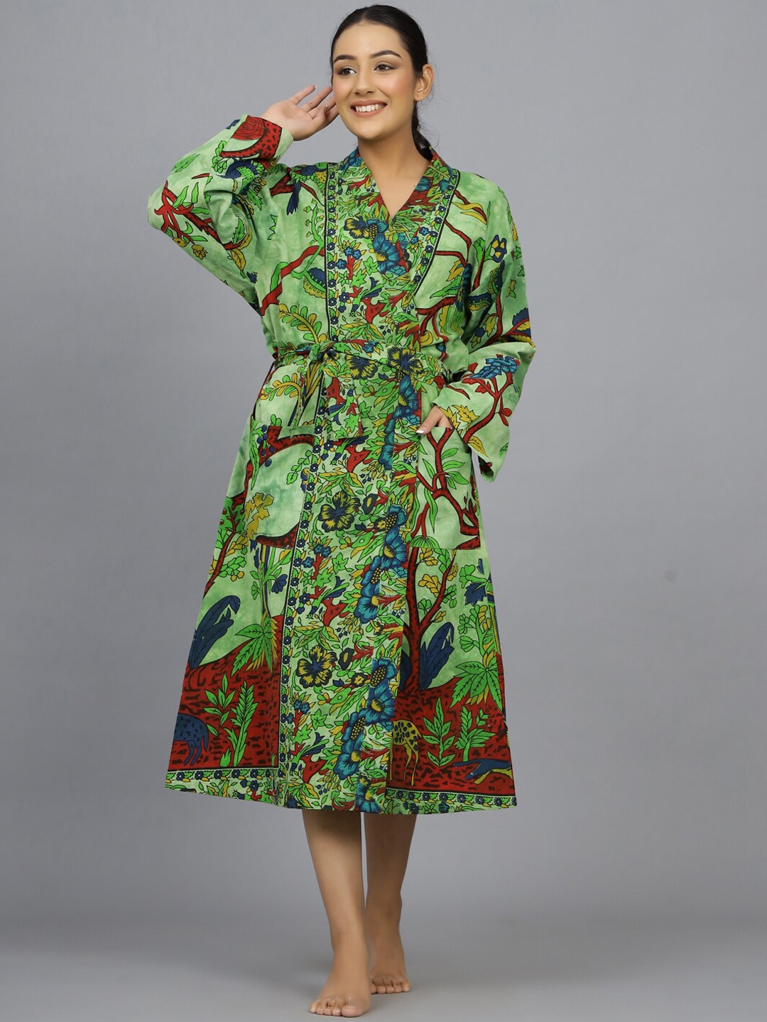 

HANDICRAFT PALACE Printed Pure Cotton Bath Robe, Green