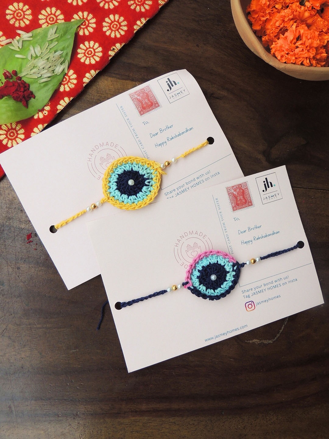 

JASMEY HOMES Men Set Of 2 Evil Eye Charm Rakhis, Yellow