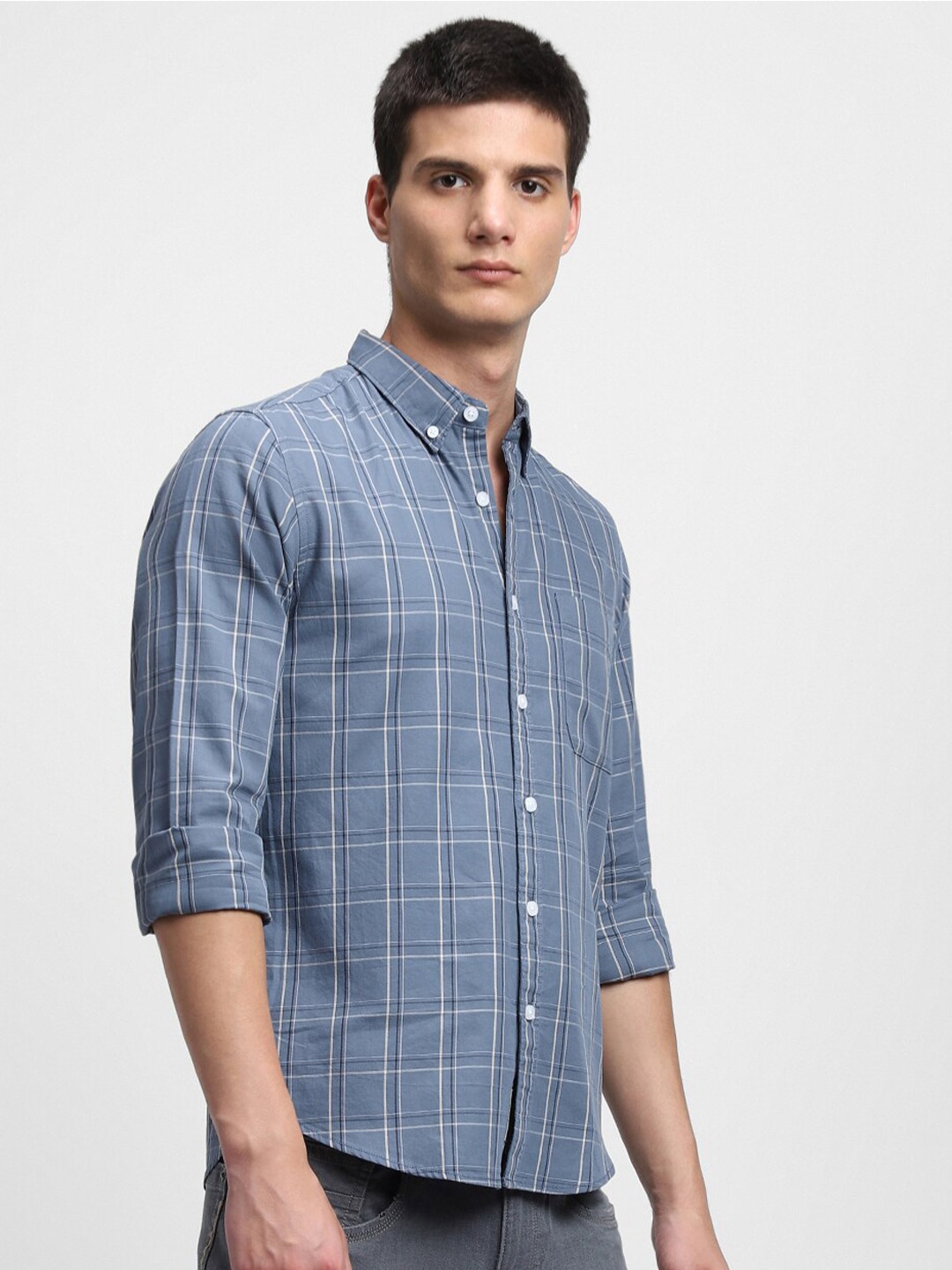 

Dennis Lingo Slim Fit Windowpane Checks Pure Cotton Casual Shirt, Blue