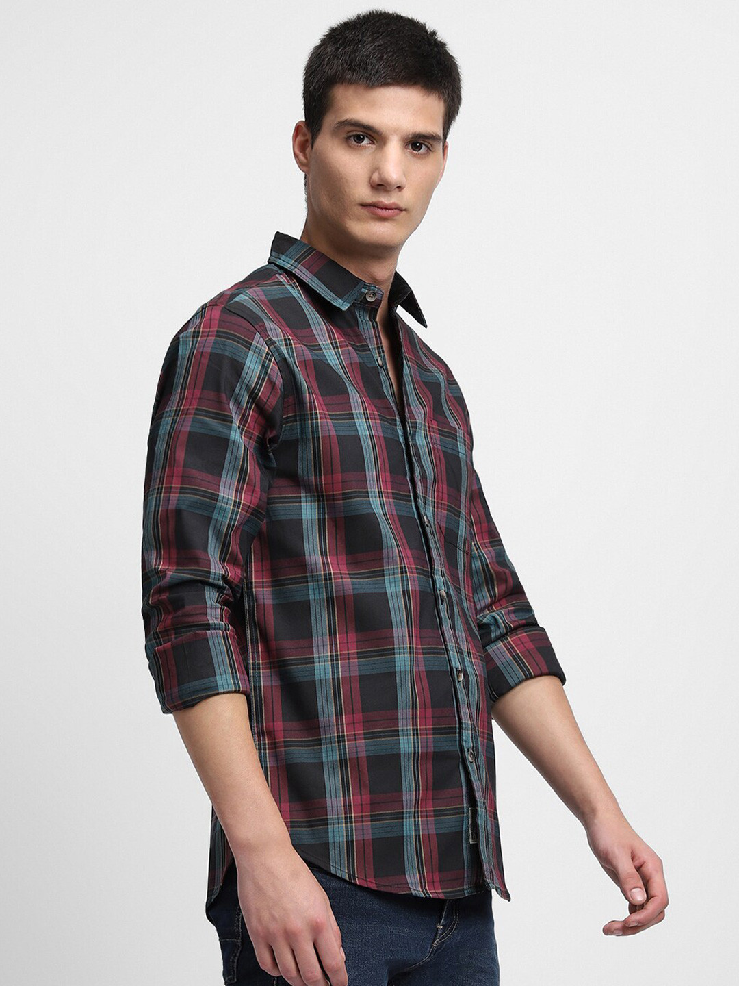

Dennis Lingo Slim Fit Tartan Checked Pure Cotton Casual Shirt, Black