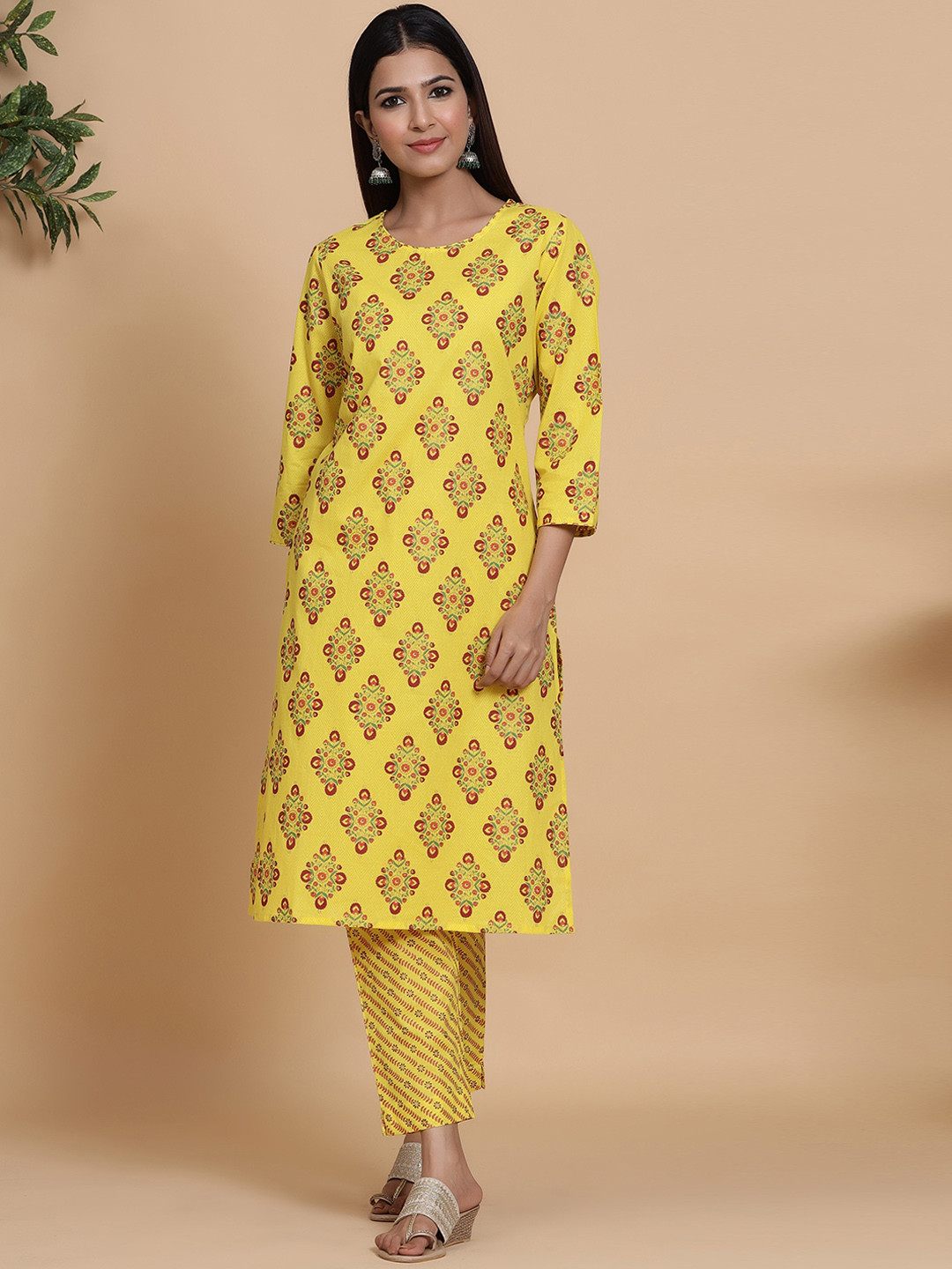 

Sangria Yellow Ethnic Motifs Printed Pure Cotton Kurta With Trouser